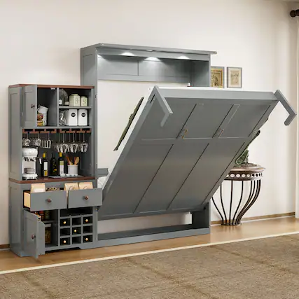 Front. Anysun - Queen Size Murphy Bed with Storage Cabinet, Wine Rack, Glass Holder, Drawers and Multi-Color LED Strip - Gray.