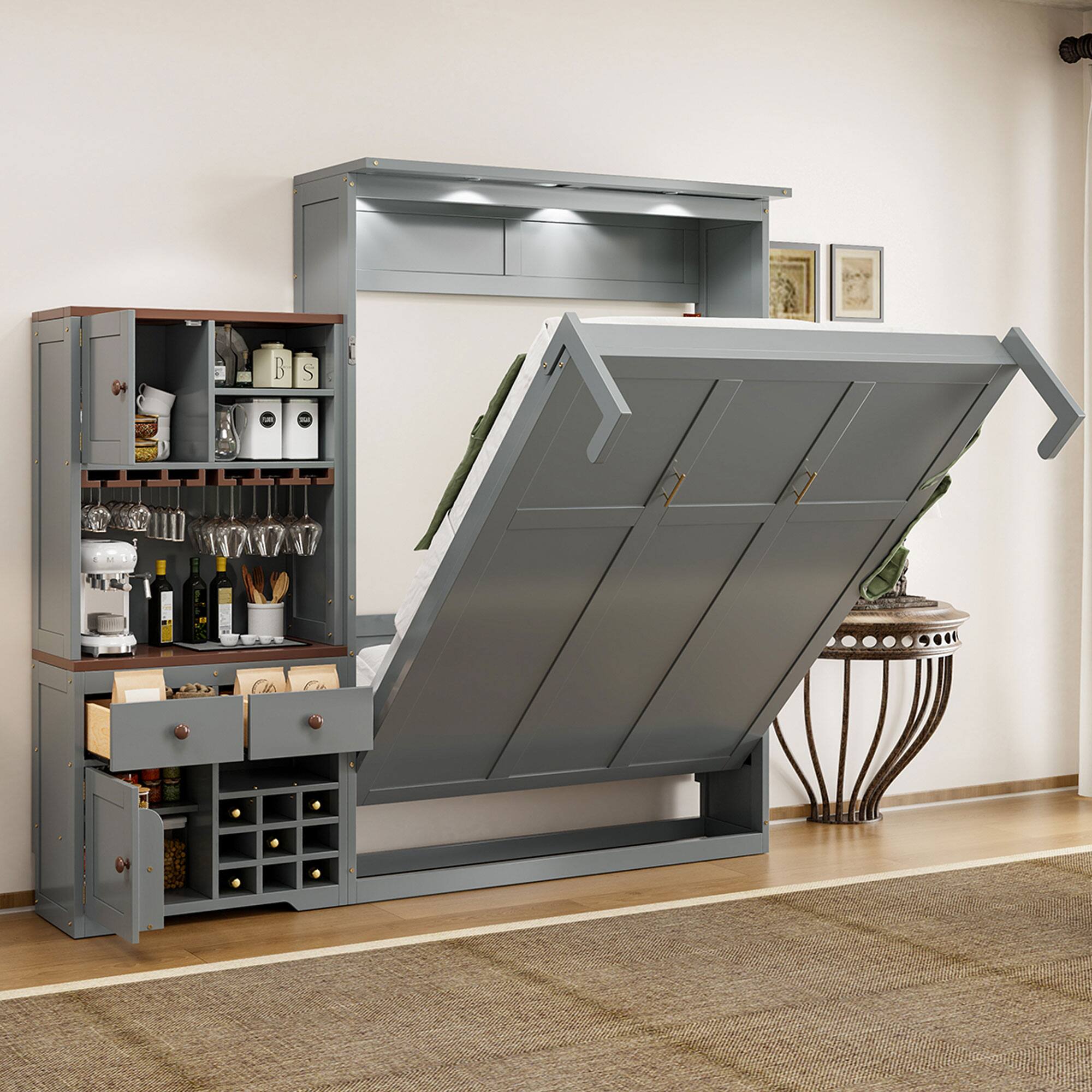 Front. Anysun - Queen Size Murphy Bed with Storage Cabinet, Wine Rack, Glass Holder, Drawers and Multi-Color LED Strip - Gray.