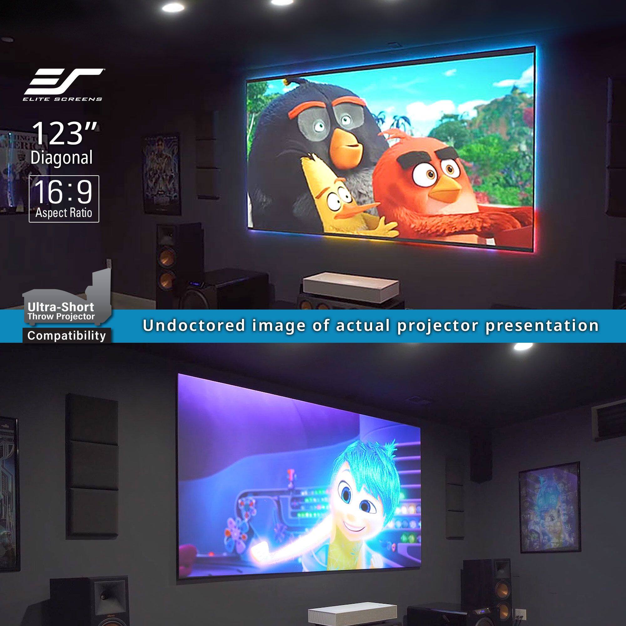 Sure, here is the corrected and grouped text from the image:

---

**Elite Screens**

**123" Diagonal**  
**16:9 Aspect Ratio**

**Ultra-Short Throw Projector Compatibility**

**Undoctored image of actual projector presentation**

---