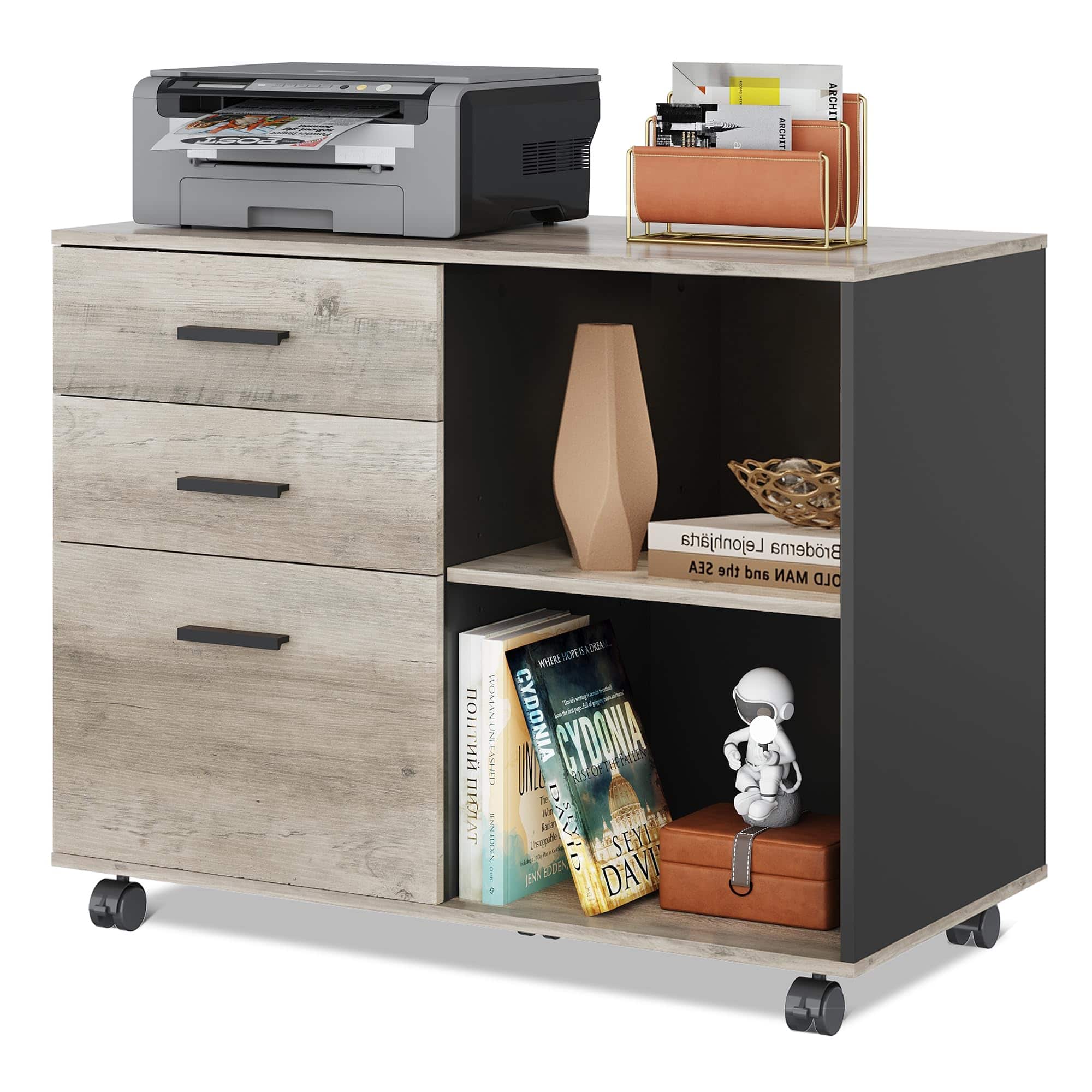 Paradigms Interiors - 3 Drawer Mobile File Cabinet Wood Lateral Filing Printer Stand With Open Shelves For Home Office Rustic - Greige-Modern
