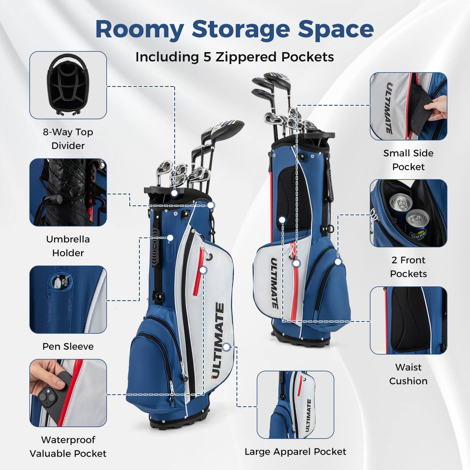 Roomy Storage Space  
Including 5 Zippered Pockets

- 8-Way Top Divider
- Umbrella Holder
- Pen Sleeve
- Waterproof Valuable Pocket
- Large Apparel Pocket
- 2 Front Pockets
- Waist Cushion
- Small Side Pocket