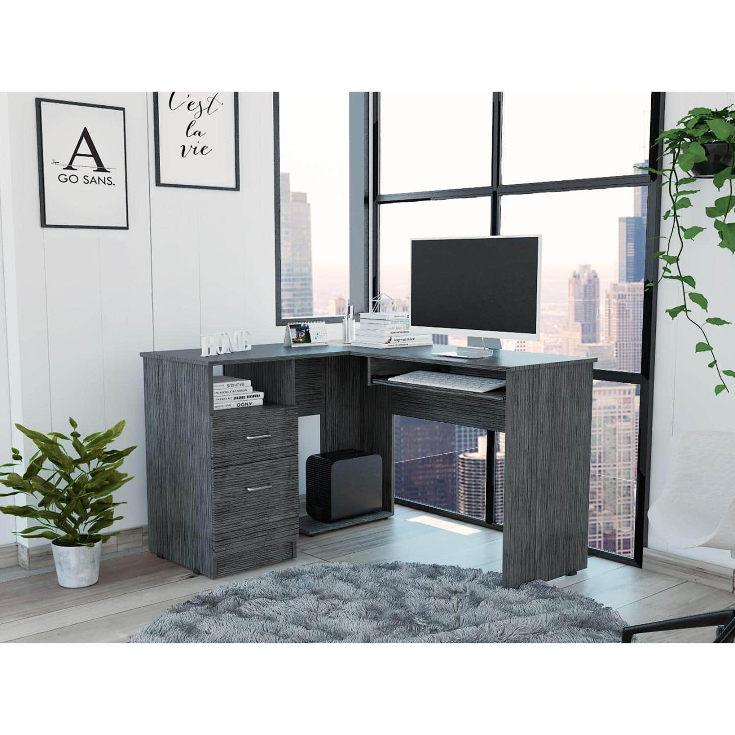 TuHome - Mix L-Shaped Desk, Keyboard Tray, Two Drawers, Single Open Shelf - Smokey Oak