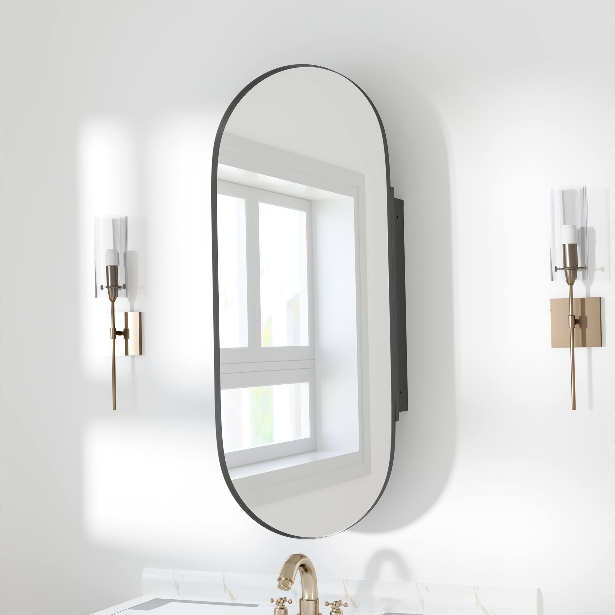 Alt View 1. PexFix - 16" x 32" Oval Mirror Medicine Cabinet - Metal Frame, Recessed or Surface Mount for Bathroom Storage - Black.