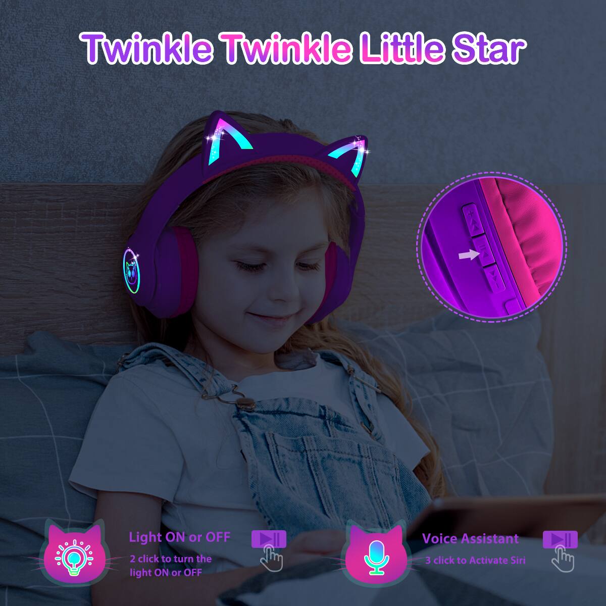 Twinkle Twinkle Little Star

Light ON or OFF
2 click to turn the light ON or OFF

Voice Assistant
3 click to Activate Siri