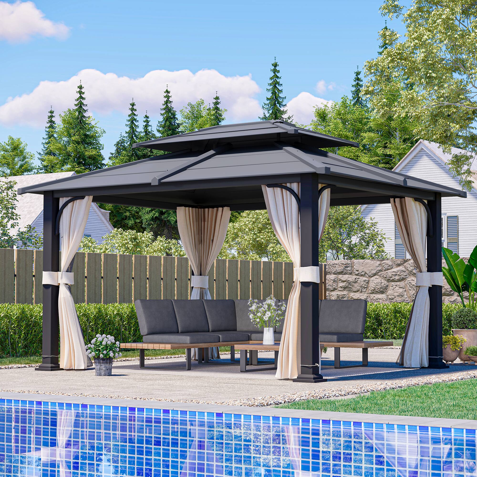 Alt View 6. U-HOMY - Anti-Rust Iron Hardtop Gazebo | All-Weather Enclosed Sun Shelter - 12' x 14'.