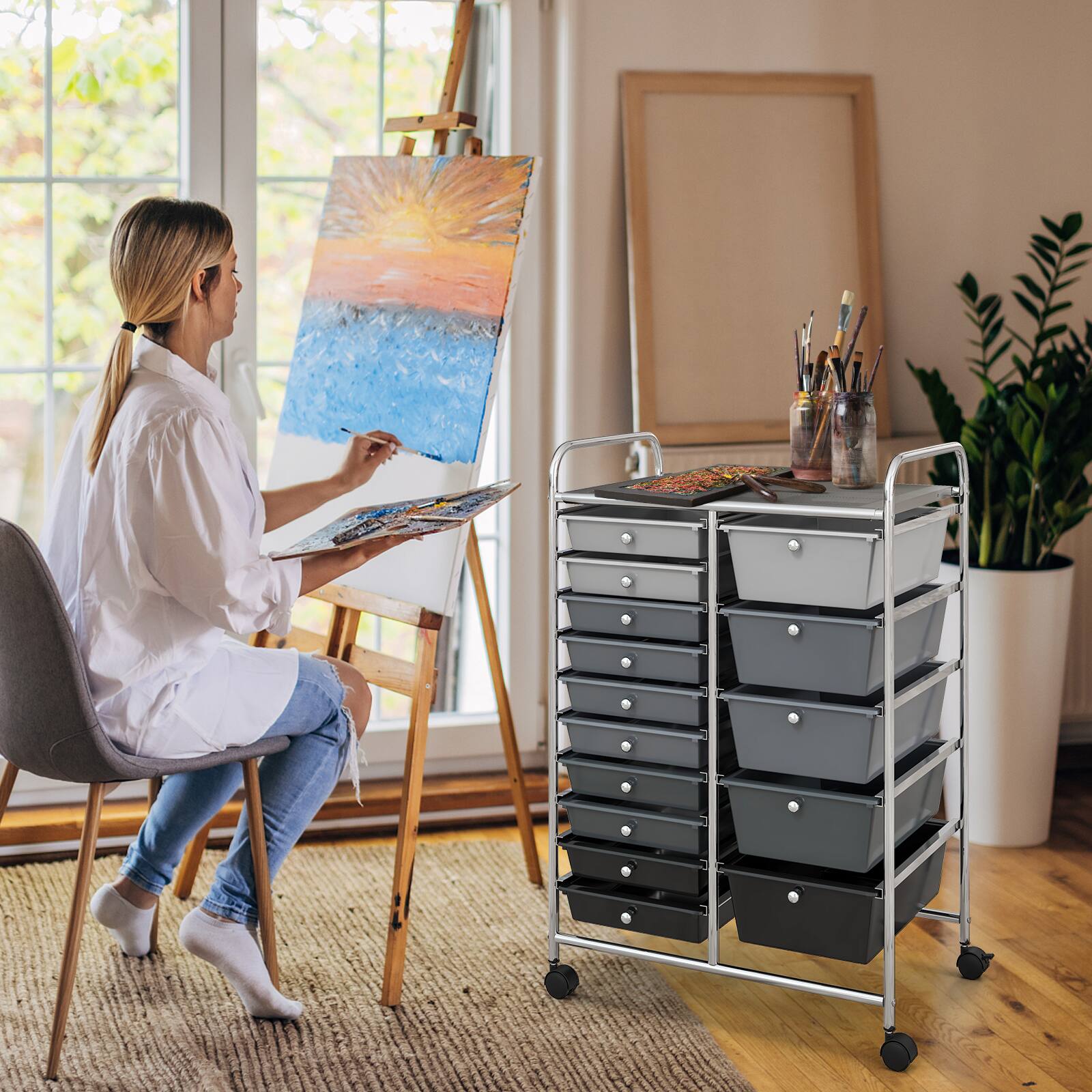 Alt View 7. Ecooso - 15-Drawer Rolling Organizer Cart, Multi-Use Utility Storage Drawers for Craft Supplies, Classroom and Office - Black & Gray.