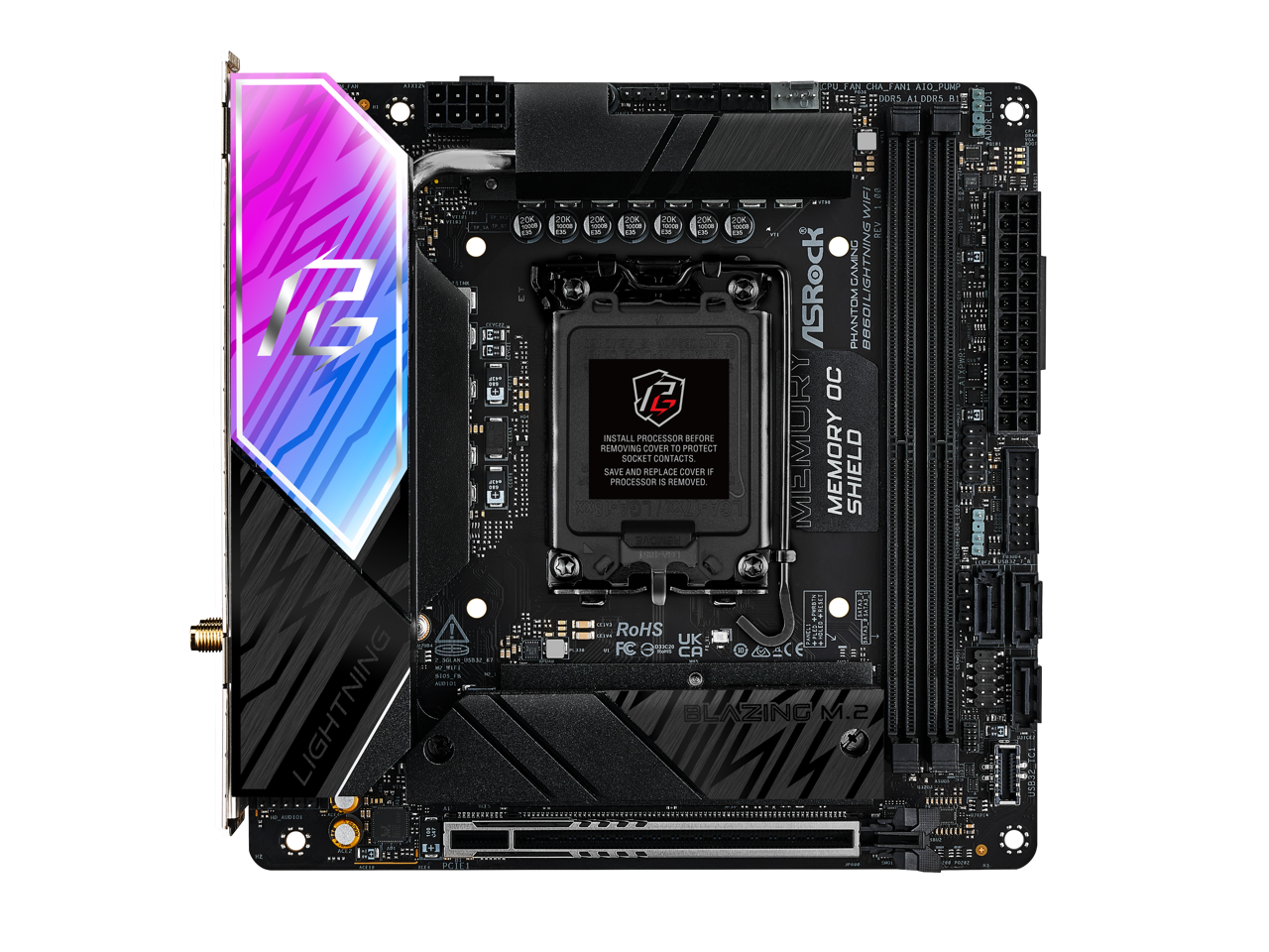 CPU AN HA_FANI AIO_PUMP DORS ALDOR5 1 VE . 1 - LIGHTNING + POTLI JCK da  JOK - L 2 FOK FOK 20K PON 20K HIM - I - - .M -- n L - REV GAMING ASRock PHANTOM 8860ILIGHTNING 0860 L OC INSTALL PROCESSOR BEFORE REMOVING SAVE PROCESSOR SOCKET AND REPLACE COVER CONTACTS a REMOVED TO COVER PROTECT a MEMURY MEMORY SHIELD nothinne SLSMUT MOT  RoHS I UK FC G CA BLAZING M.2