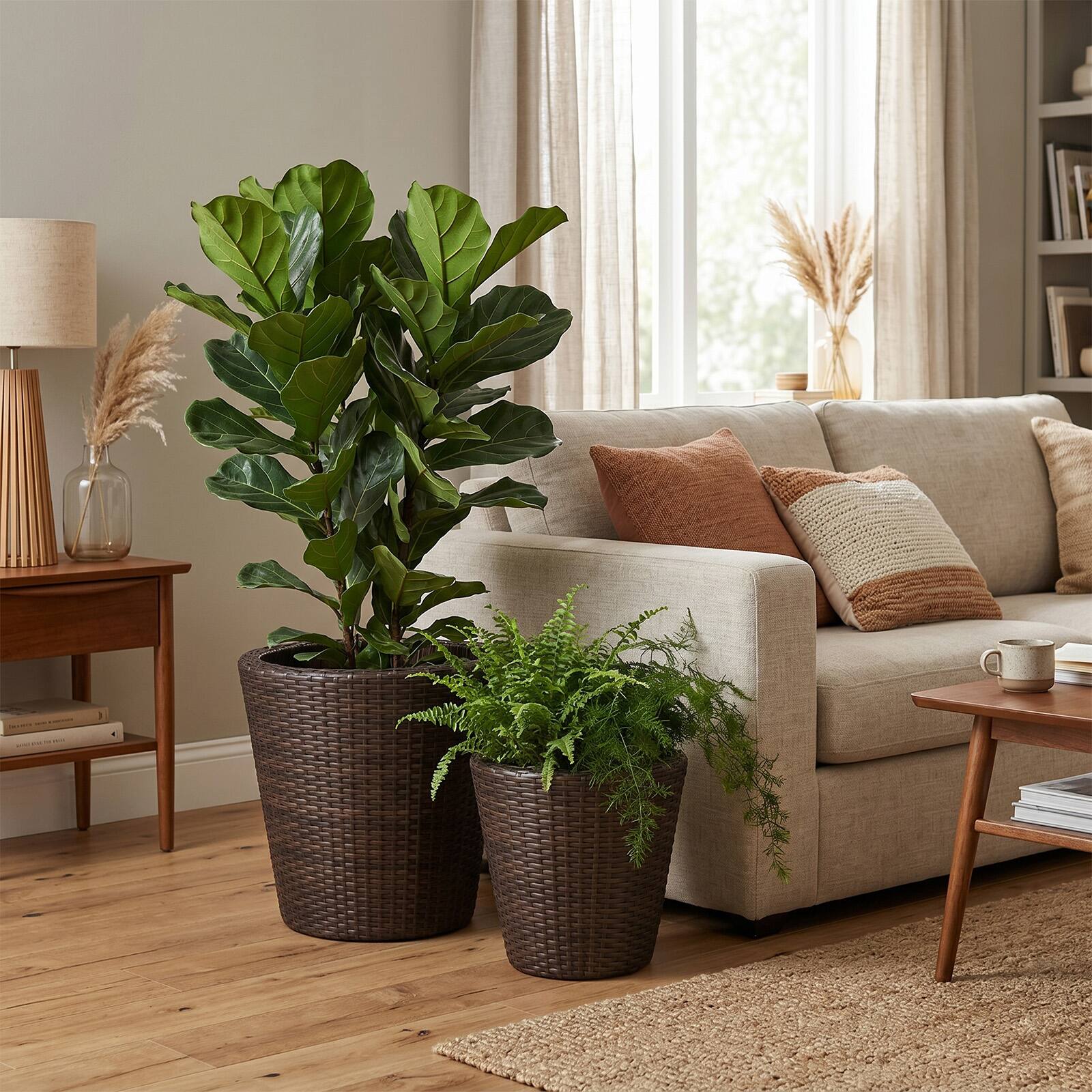 Alt View 3. Costway - Costway Set of 2 Plastic Planters, 15" & 12" Taper Rattan Planters with Drainage Holes - Brown + Black.