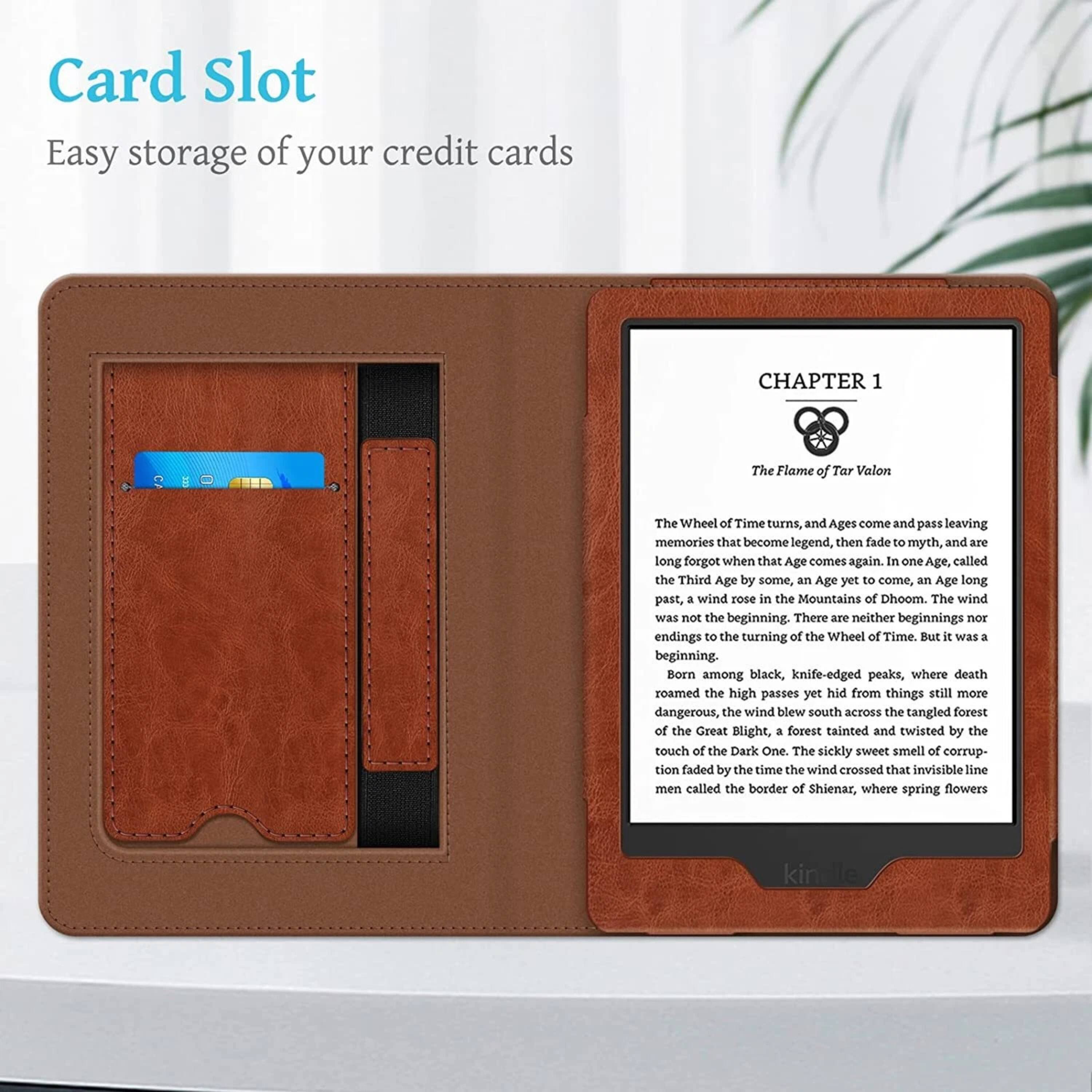 **Card Slot**  
Easy storage of your credit cards

---

**CHAPTER 1**  
**The Flame of Tar Valon**

The Wheel of Time turns, and Ages come and pass leaving memories that become legend, then fade to myth, and are long forgot when that Age comes again. In one Age, called the Third Age by some, an Age yet to come, an Age long past, a wind rose in the Mountains of Dhoom. The wind was not the beginning. There are neither beginnings nor endings to the turning of the Wheel of Time. But it was a beginning. Born among black, knife-edged peaks, where death roamed the high passes yet hid from things still more dangerous, the wind blew south across the tangled forest of the Great Blight, a forest tainted and twisted by the touch of the Dark One. The sickly sweet smell of corruption faded by the time the wind crossed that invisible line men called the border of Shienar, where spring flowers