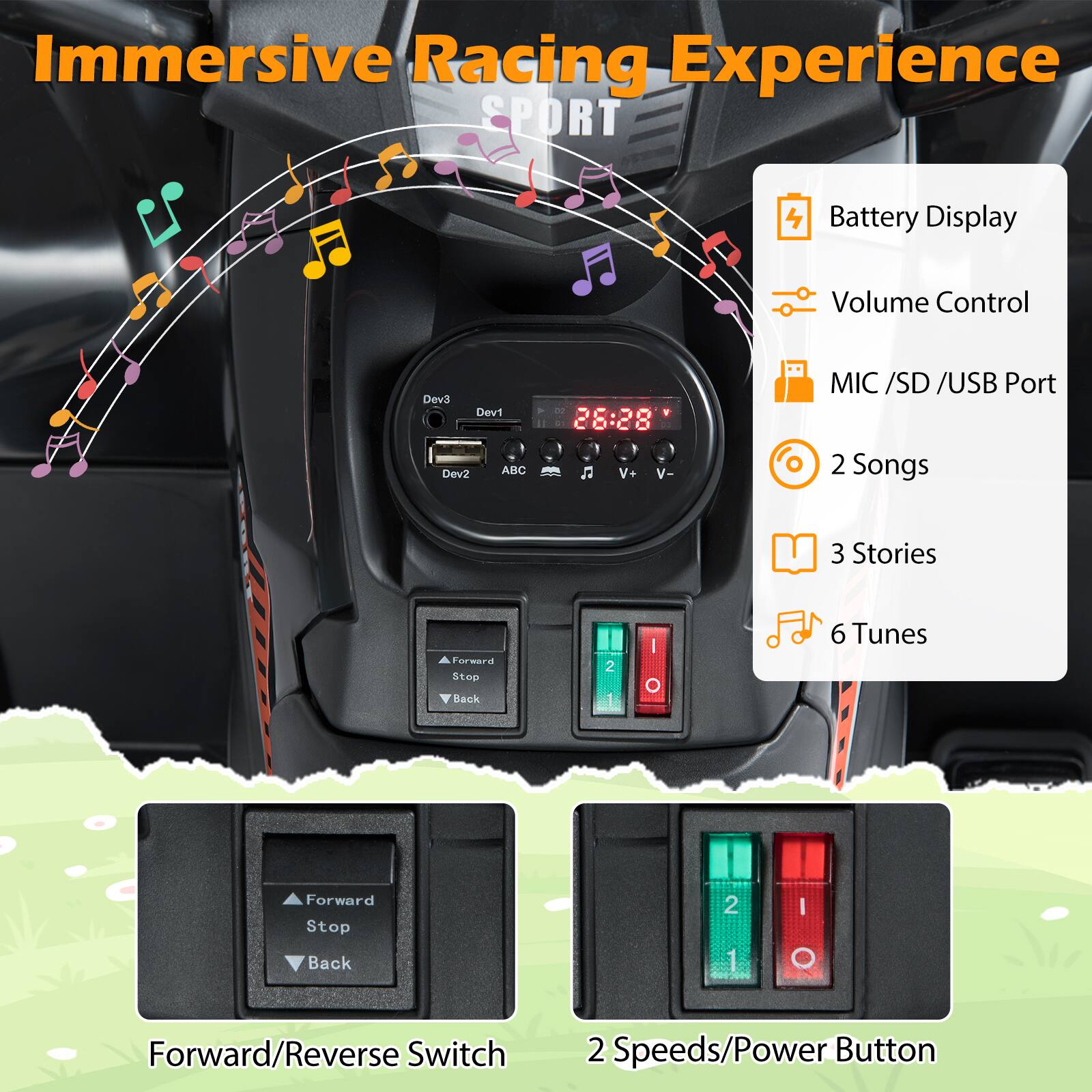 Immersive Racing Experience

SPORT

- Battery Display
- Volume Control
- MIC / SD / USB Port
- 2 Songs
- 3 Stories
- 6 Tunes

Forward/Reverse Switch

2 Speeds/Power Button