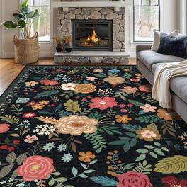PARKER SLATER - Washable Area Rugs Living Room Stain Resistant Vintage Dining Under Kitchen Table Bedroom Floral Low Pile Non Sl - Black