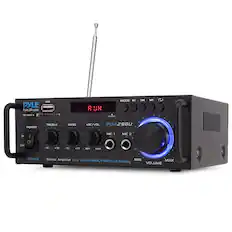 PYLE
PyleUSA.com
PDA29BU
100Wx2 Stereo Amplifier with USB/SD/MMC/FM/BT/Led Display
USB
SD/MMC
POWER
ON/OFF
TREBLE
-10 +10
BASS
-10 +10
MIC/VOL
MIC 1
MIC 2
VOLUME
MIN MAX
LED Display
MODE
PLAY
PAUSE
STOP
FF
REW
MIC 2
MIN
MAX
PYLE
PyleUSA.com
PDA29BU
100Wx2 Stereo Amplifier with USB/SD/MMC/FM/BT/Led Display