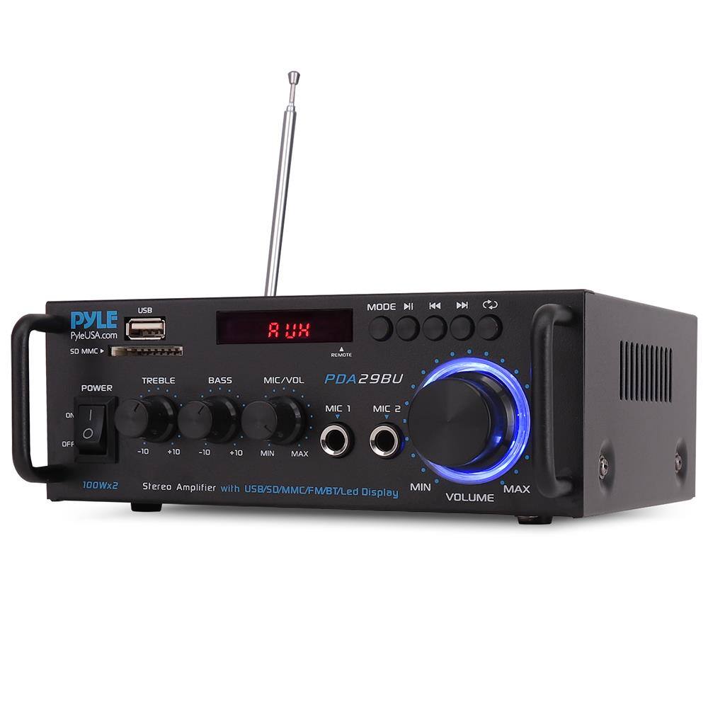 PYLE  
PyleUSA.com  

PDA29BU  

100Wx2 Stereo Amplifier with USB/SD/MMC/FM/BT/Led Display  

USB  
SD/MMC  

POWER  
ON/OFF  

TREBLE  
-10 +10  

BASS  
-10 +10  

MIC/VOL  
MIC 1  
MIC 2  

VOLUME  
MIN MAX  

LED Display  

MODE  
PLAY  
PAUSE  
STOP  
FF  
REW  

MIC 2  

MIN  
MAX  

PYLE  
PyleUSA.com  

PDA29BU  

100Wx2 Stereo Amplifier with USB/SD/MMC/FM/BT/Led Display