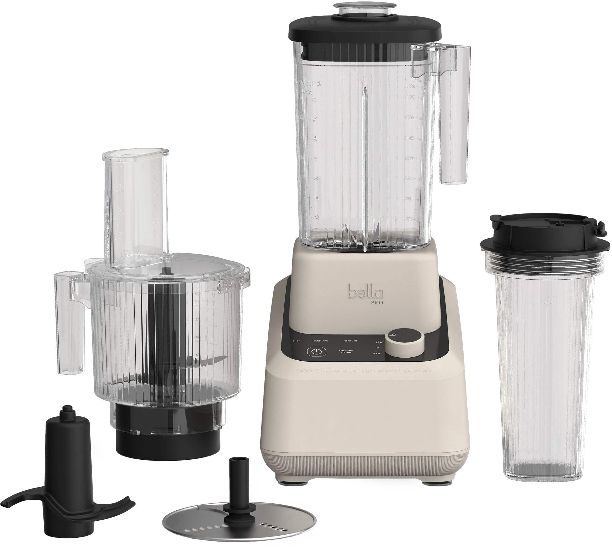The image features a Bella Pro blender and its attachments, including a food processor and a juicer. The blender is white and black, and it is surrounded by various parts and attachments. There are also cups and a bowl in the scene, indicating that the blender is ready for use.