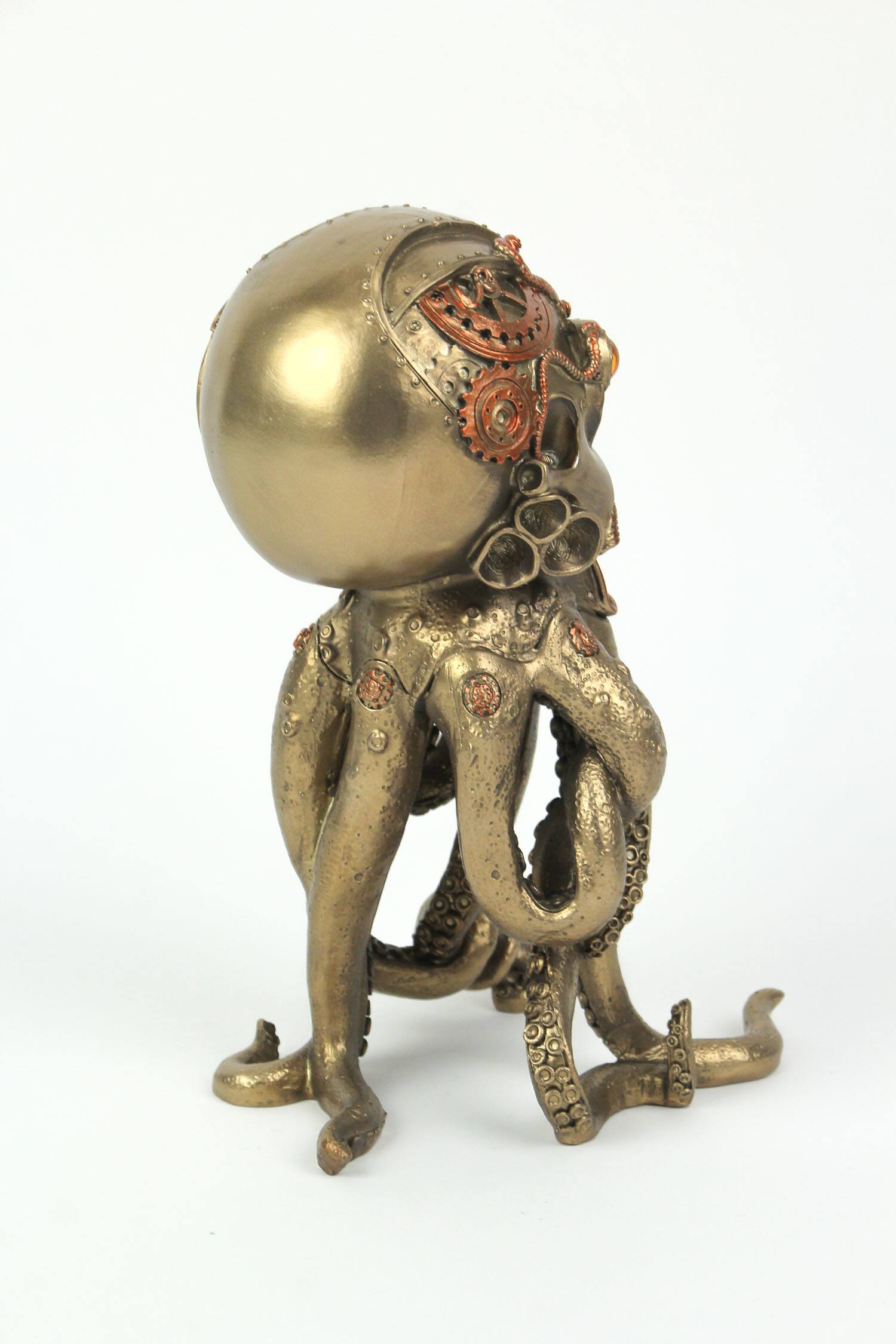 Alt View 4. Zeckos - Bronze / Copper Finished Steampunk Human Skull / Octopus Fantasy Tabletop Statue - Bronze.