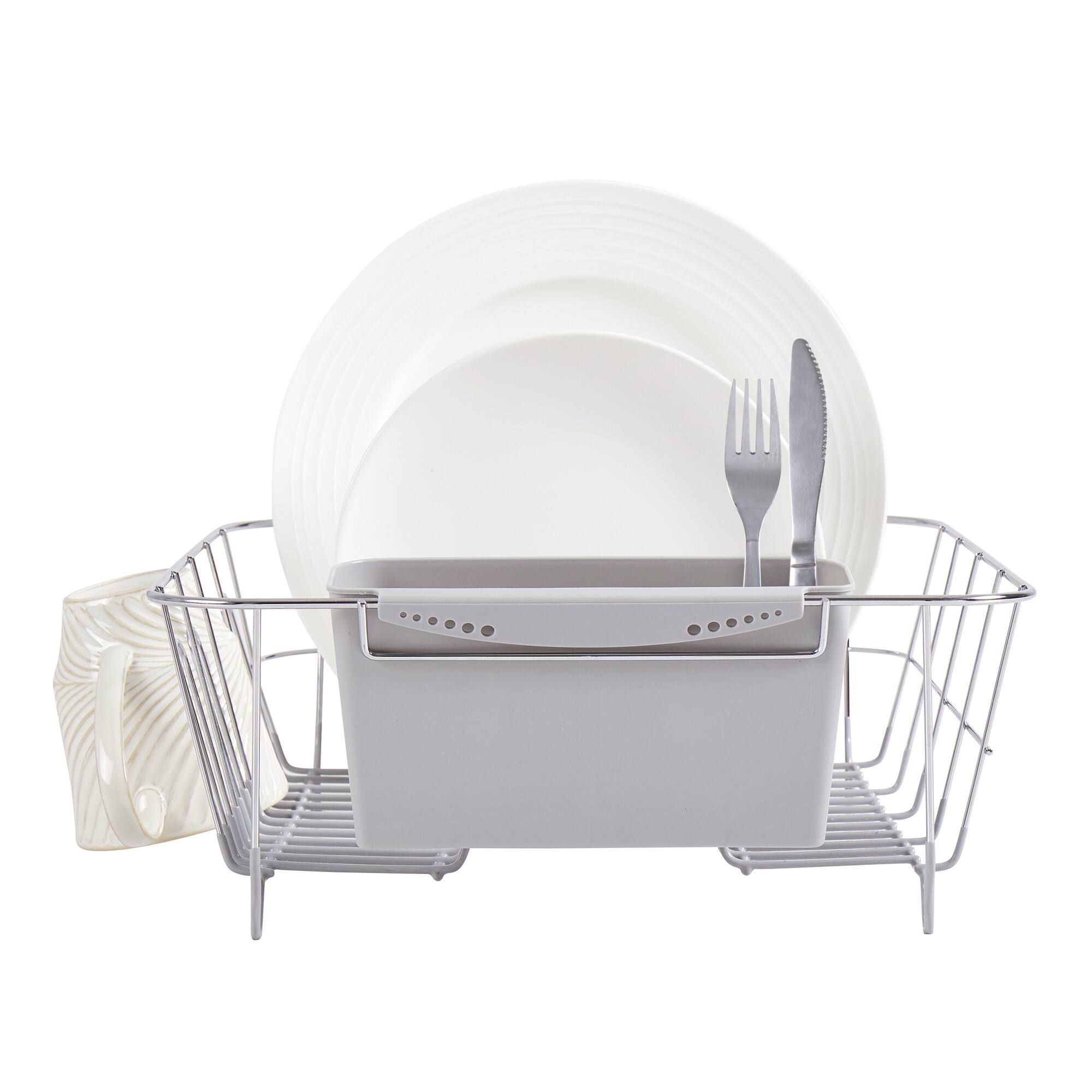Angle. Sweet Home Collection - Chrome Plated Steel 2-Piece Small Compact Dish Drainer - Silver.