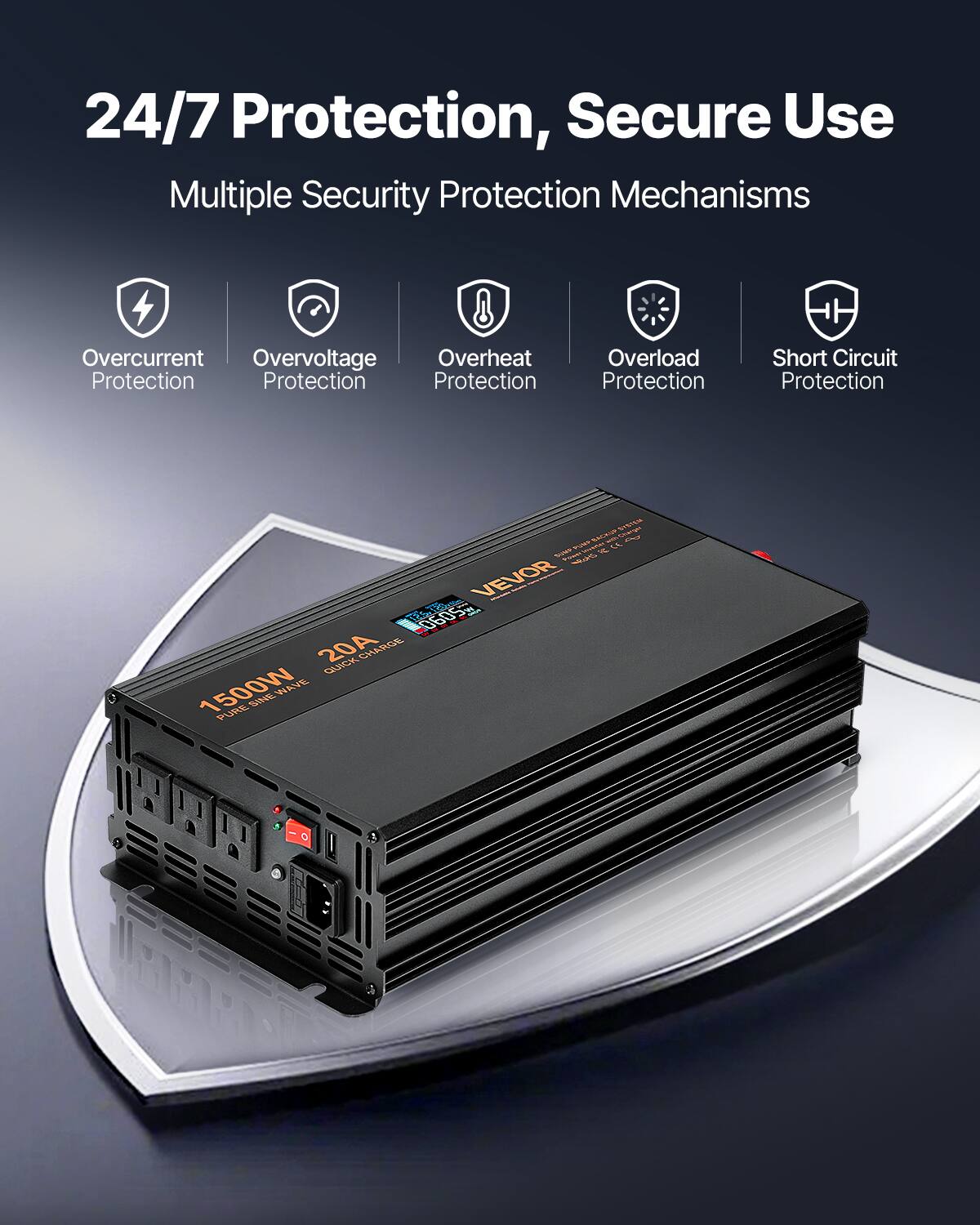 24/7 Protection, Secure Use  
Multiple Security Protection Mechanisms  
Overcurrent Protection  
Overvoltage Protection  
Overheat Protection  
Overload Protection  
Short Circuit Protection  

a & KNOS K Mus VEVOR 0605 20A QUICK CHARGE 1500W SINE WAVE PURE