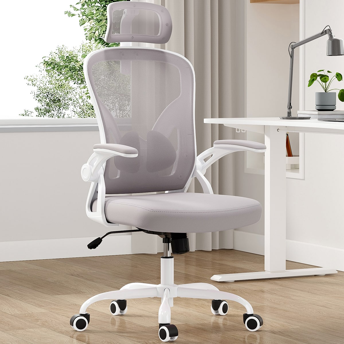 Spaco - Ergonomic Executive Office Chair, Desk Chair with Headrest, High Back, Armrests, Adjustable Lumbar Support - Grey,White