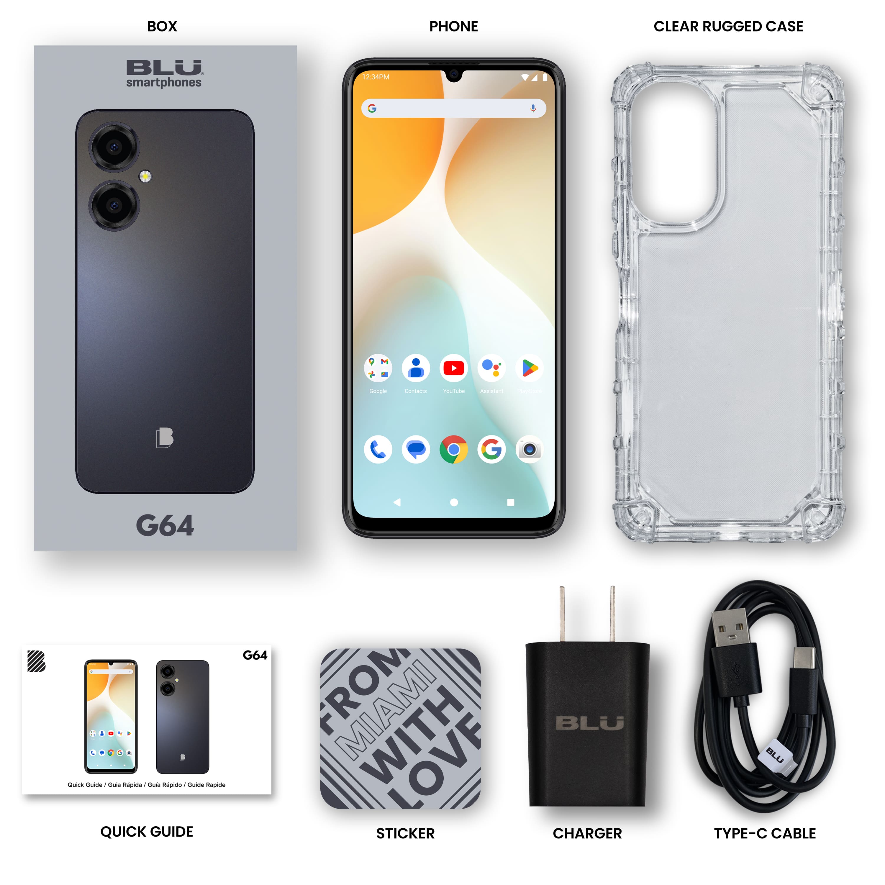 BOX PHONE CLEAR RUGGED CASE BLU smartphones 12M C - - - G64 . s . - o apias QUICK GUIDE G64 MIAMI WITH STICKER BLU CHARGER BLU TYPE-C CABLE