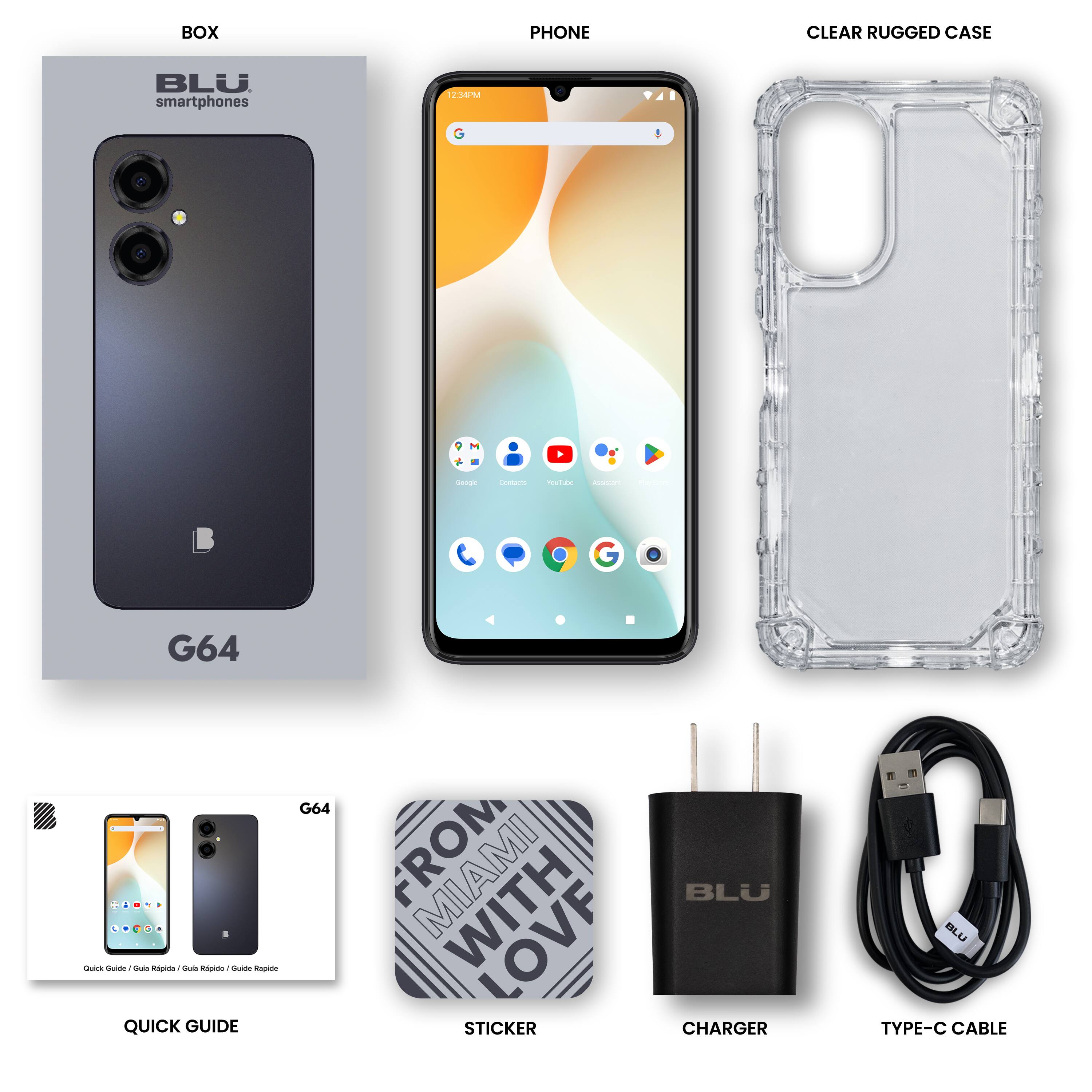 BOX PHONE CLEAR RUGGED CASE BLU smartphones 12M C - - - G64 . s .  - o apias QUICK GUIDE G64 MIAMI WITH STICKER BLU CHARGER BLU TYPE-C CABLE