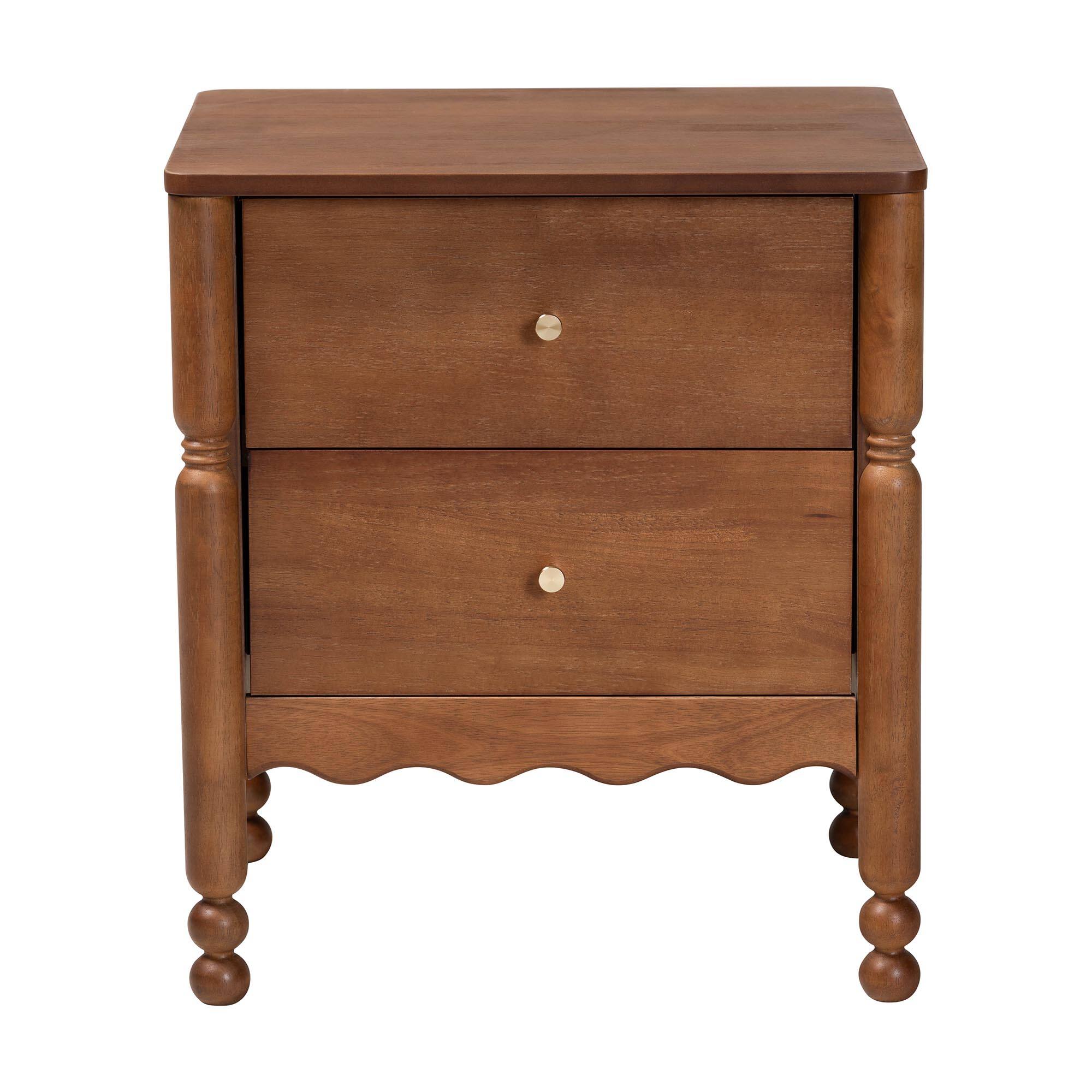 Left. Baxton Studio - Hoffman Nightstand - 2-Drawer Bedside Table with Scalloped Apron and Turned Legs for Bedroom - Walnut Brown.