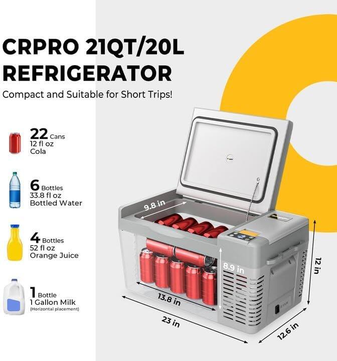CRPRO 21QT/20L REFRIGERATOR  
Compact and Suitable for Short Trips!  

- 22 Cans 12 fl oz Cola  
- 6 Bottles 33.8 fl oz Bottled Water  
- 4 Bottles 52 fl oz Orange Juice  
- 1 Bottle 1 Gallon Milk (Horizontal placement)  

Dimensions:  
- 23 in (width)  
- 13.8 in (height)  
- 12.6 in (depth)  
- 9.8 in (internal height)  
- 8.9 in (internal width)  
- 12 in (external height)