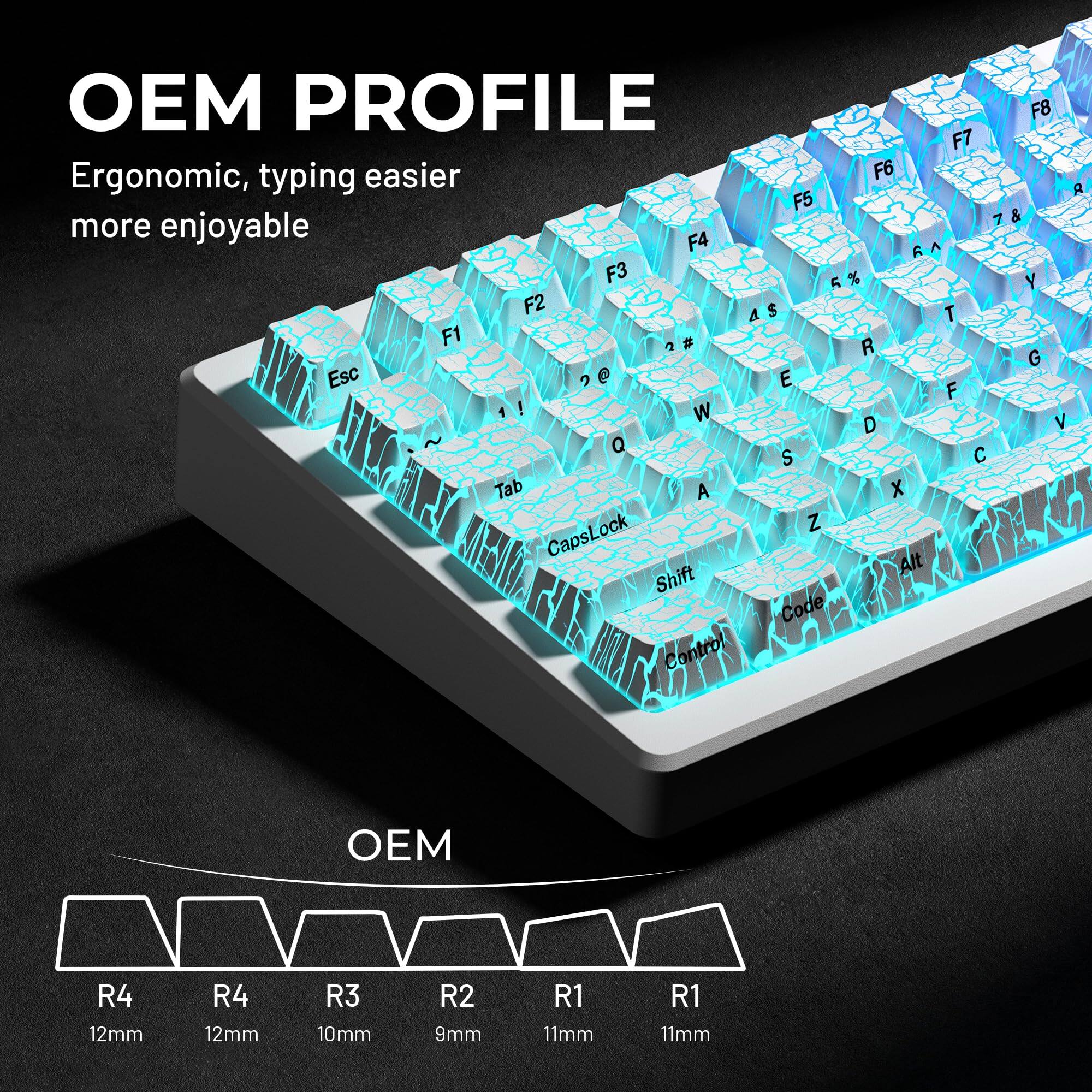 OEM PROFILE  
Ergonomic, typing easier, more enjoyable  

Esc F1 F2 F3 F4 F5 F6 F7 F8  
1! 2@ 3# 4$ 5% 6^ 7& 8*  
Q W E R T Y U I O P  
A S D F G H J K L  
Z X C V B N M  
CapsLock Shift Code Alt Control  

OEM  
R4 12mm R4 12mm R3 10mm R2 9mm R1 11mm R1 11mm