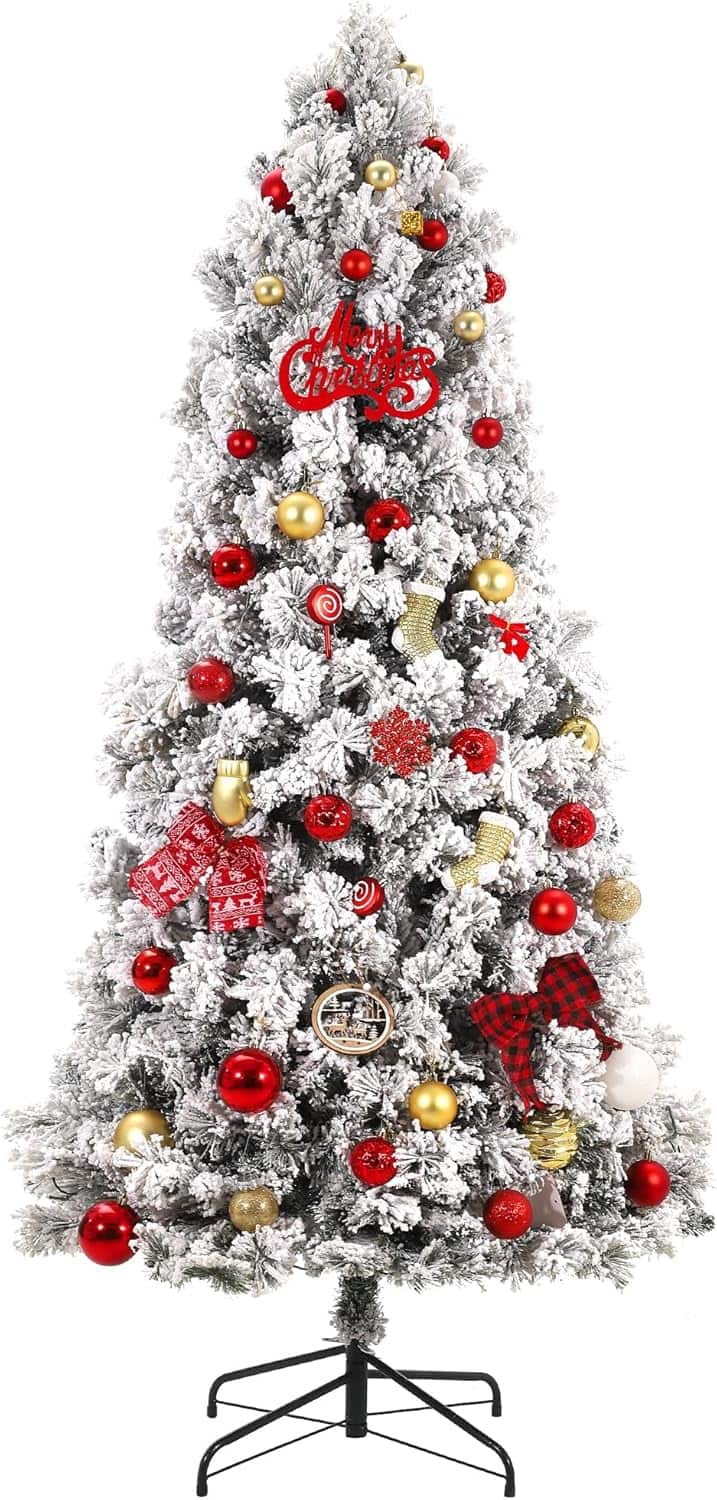 Qeetex - 6ft Frosted Snow Flocked Hinged Pine Christmas Tree with Metal Stand, Great for Home or Office Festive Decor - White