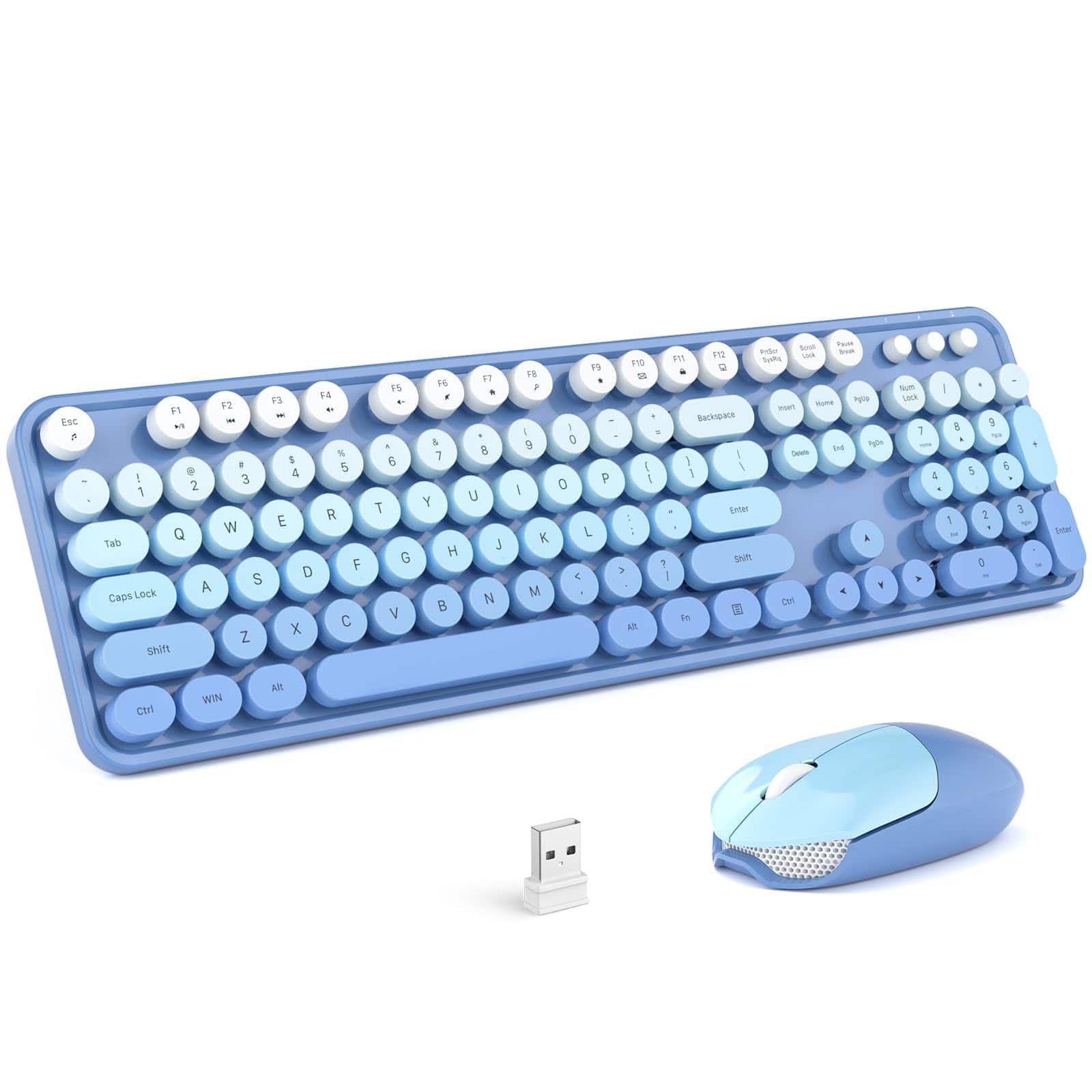 PRIMEPLUS - Wireless Keyboard Mouse Combo, 2.4GHz Retro Typewriter Style Full Keyboard with Number Pad & Mouse for Windows Mac - Sea Blue Gradient