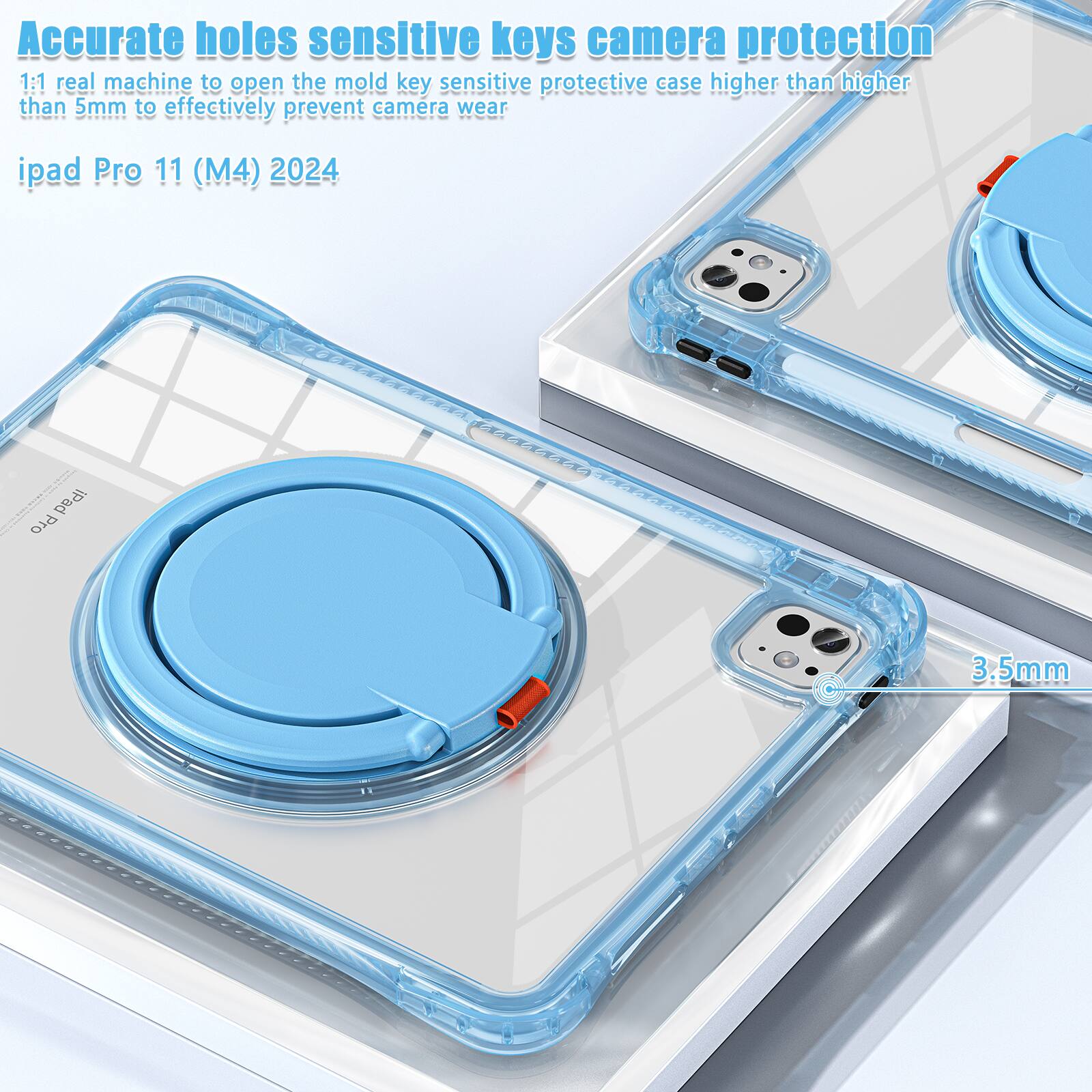 Accurate holes sensitive keys camera protection  
1:1 real machine to open the mold key sensitive protective case higher than higher than 5mm to effectively prevent camera wear  
iPad Pro 11 (M4) 2024  
3.5mm