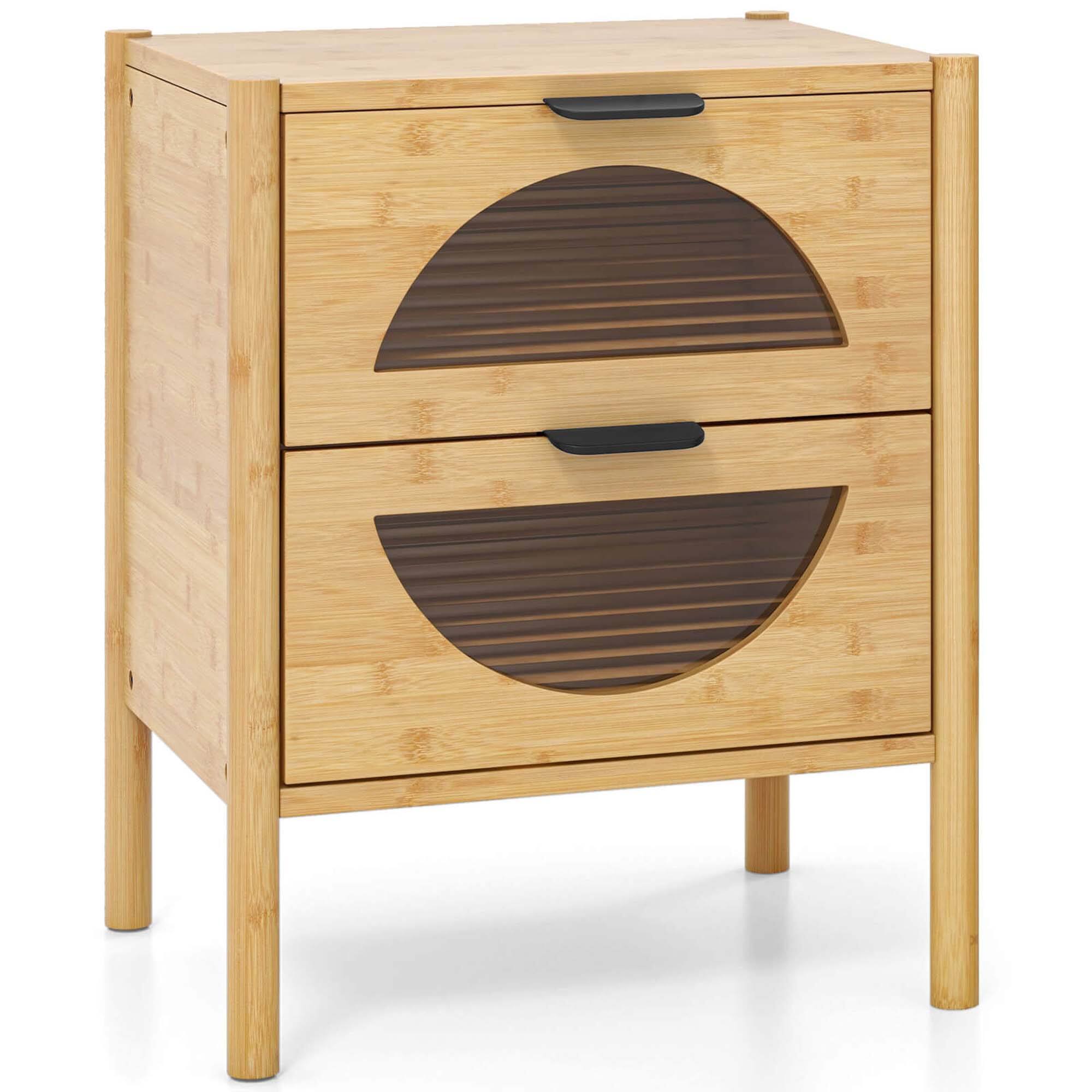 Alt View 6. Costway - 1 PCS Bamboo Nightstand with 2 Storage Drawers & Reeded Tempered Glass Fronts Bedroom - Natural.