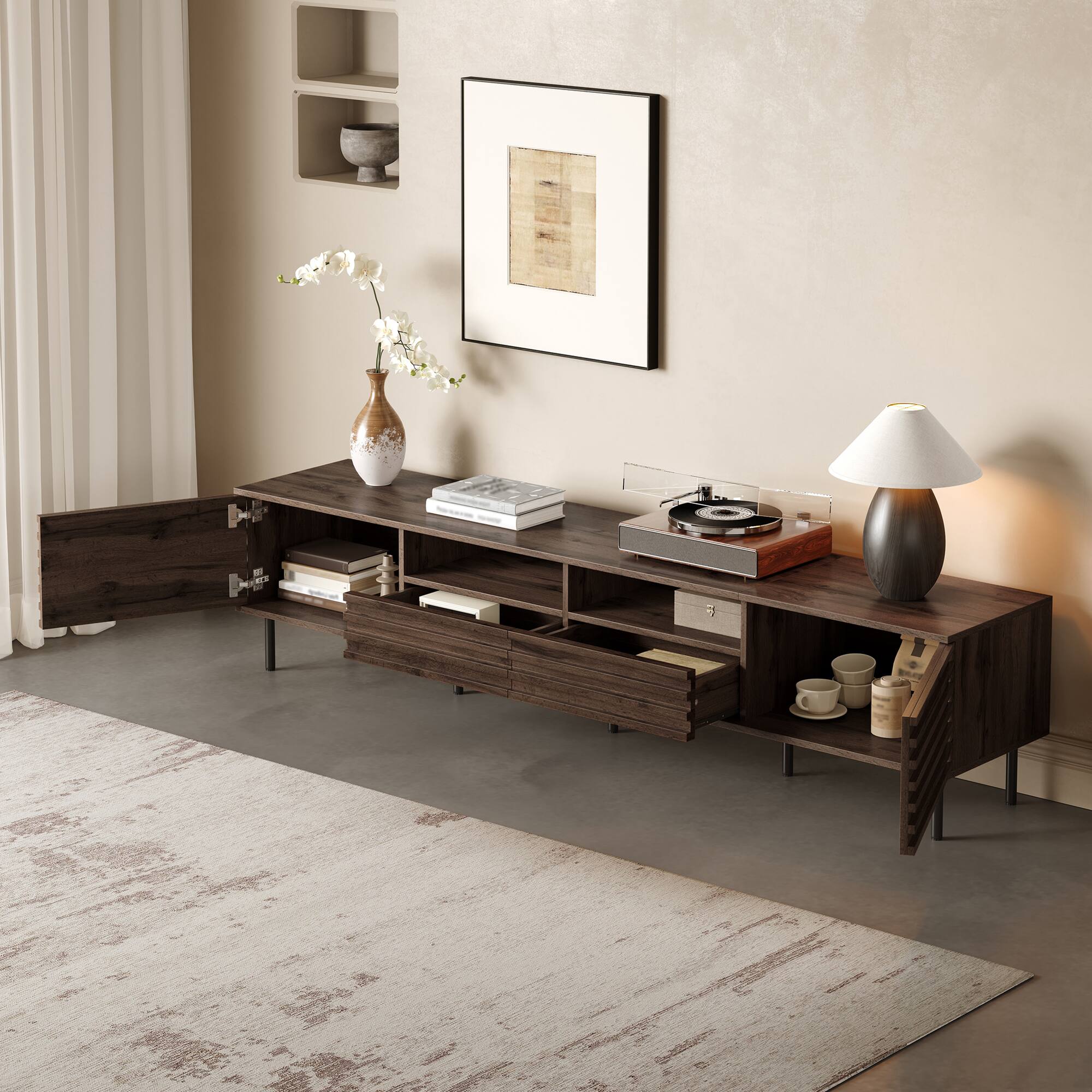 Left. Whisen - 78-Inch Modern TV Stand for TVs up to 85-Inch, Entertainment Center with Storage and Cable Management - Dark Brown.
