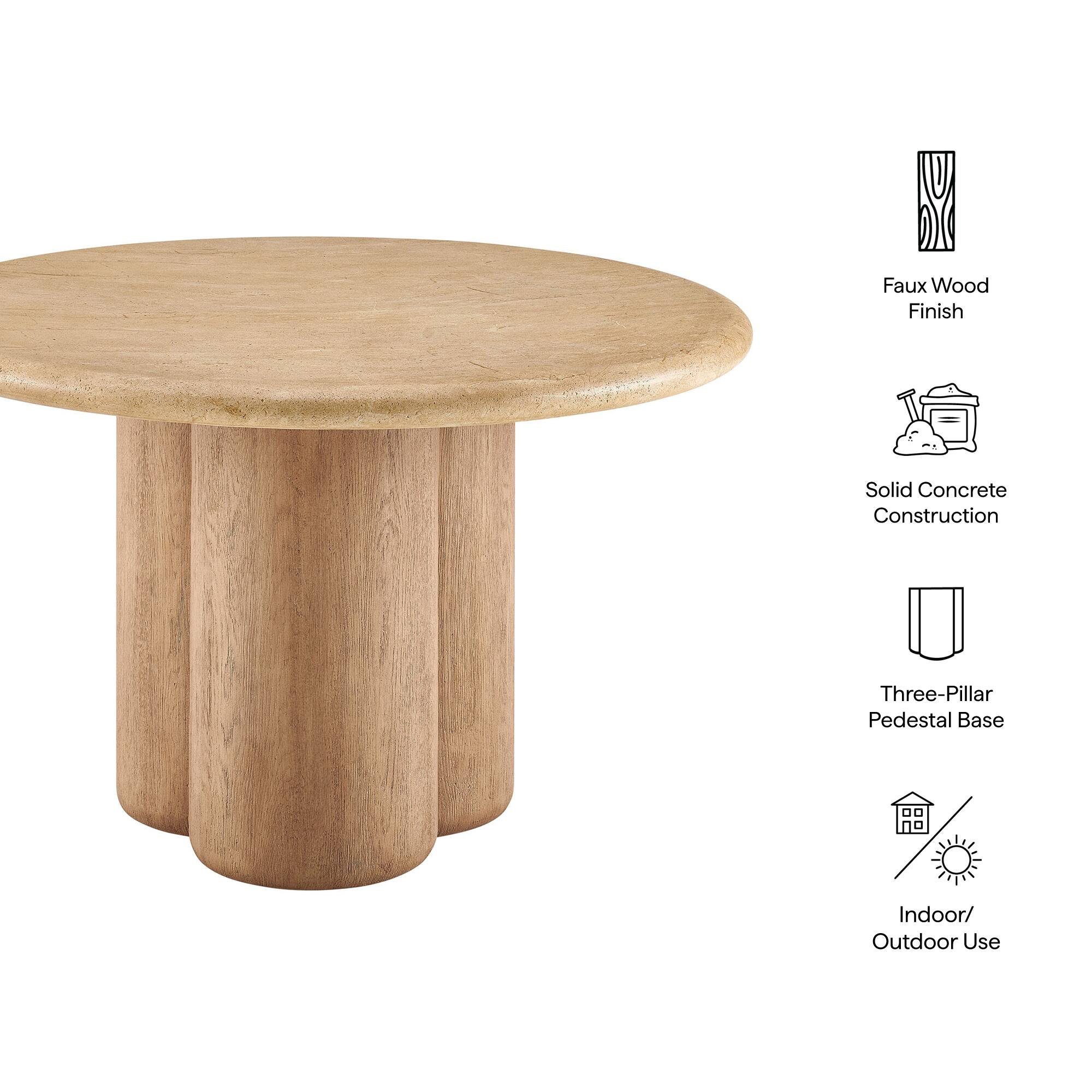 Faux Wood Finish  
Solid Concrete Construction  
Three-Pillar Pedestal Base  
Indoor/Outdoor Use
