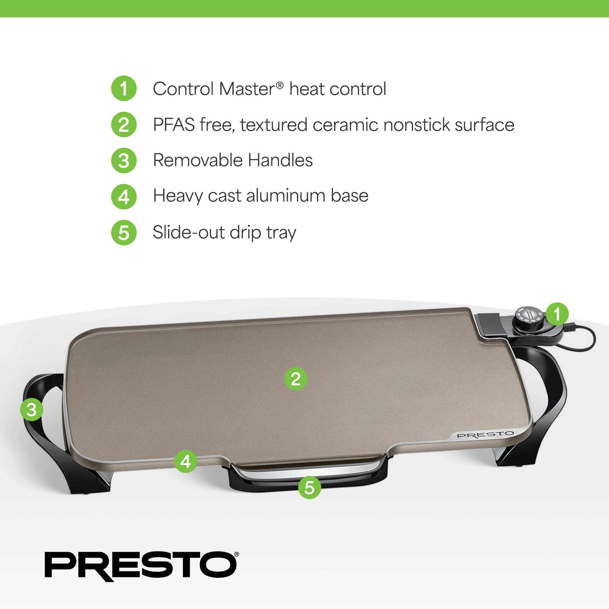 1. Control Master® heat control  
2. PFAS free, textured ceramic nonstick surface  
3. Removable Handles  
4. Heavy cast aluminum base  
5. Slide-out drip tray  

PRESTO