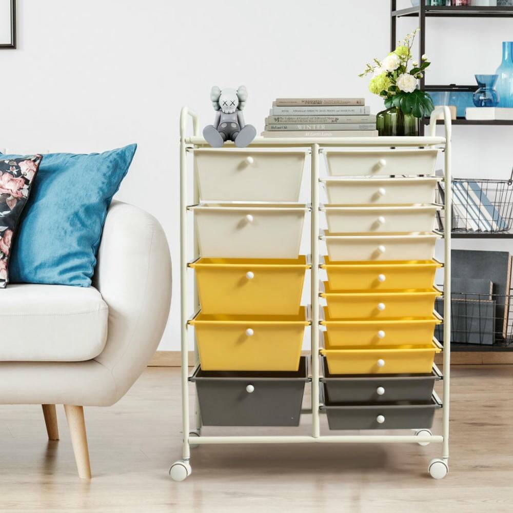 Angle. Pefilos - 15-Drawer Storage Rolling Organizer Cart-Yellow, Craft Organizers and Storage, Multipurpose Organizer Cart for Home - Yellow.
