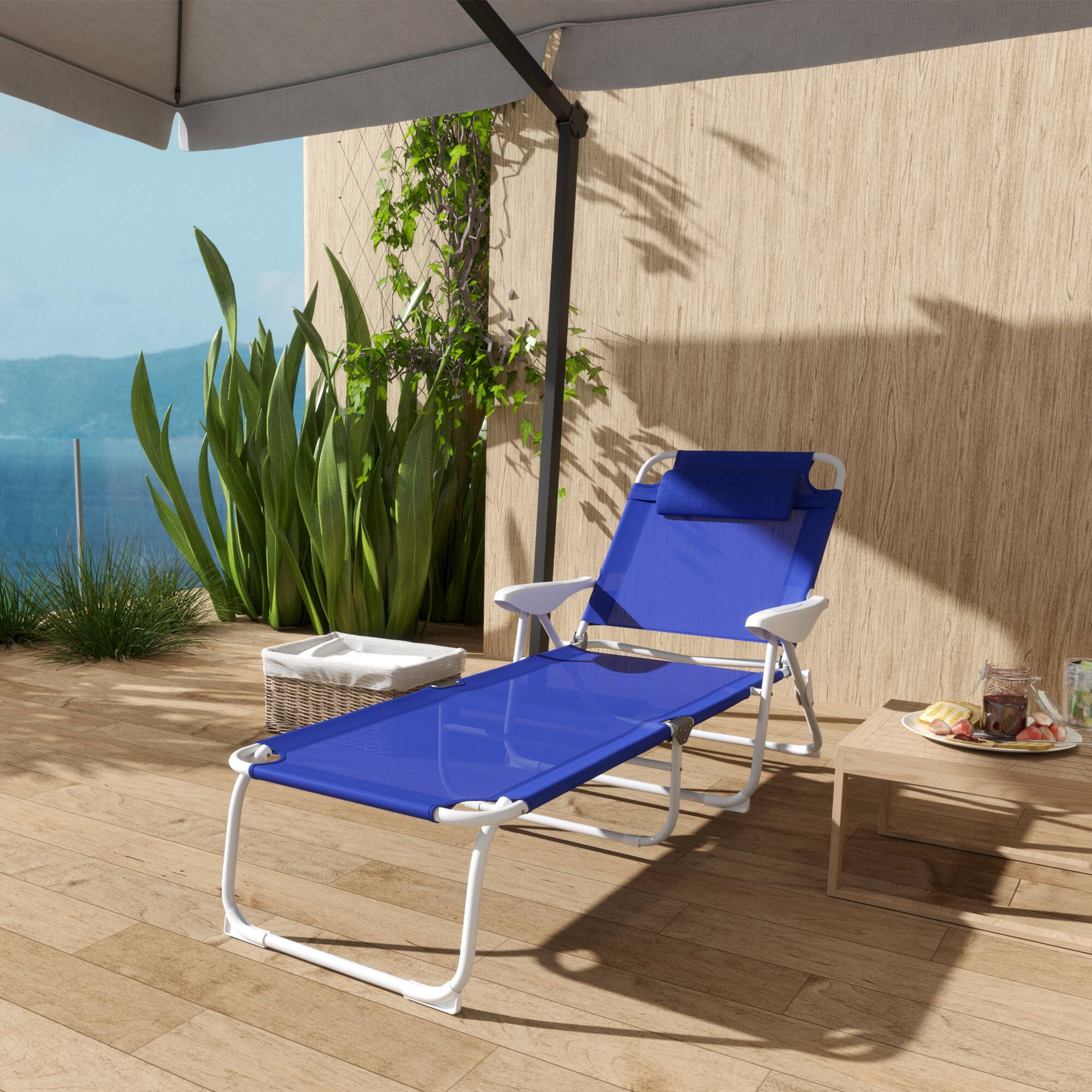 Alt View 7. Outsunny - Folding Lounge Chair, Portable Outdoor Chaise Lounge, Sun Tanning Chair with 4-Position Reclining Back, Armrests - Blue.