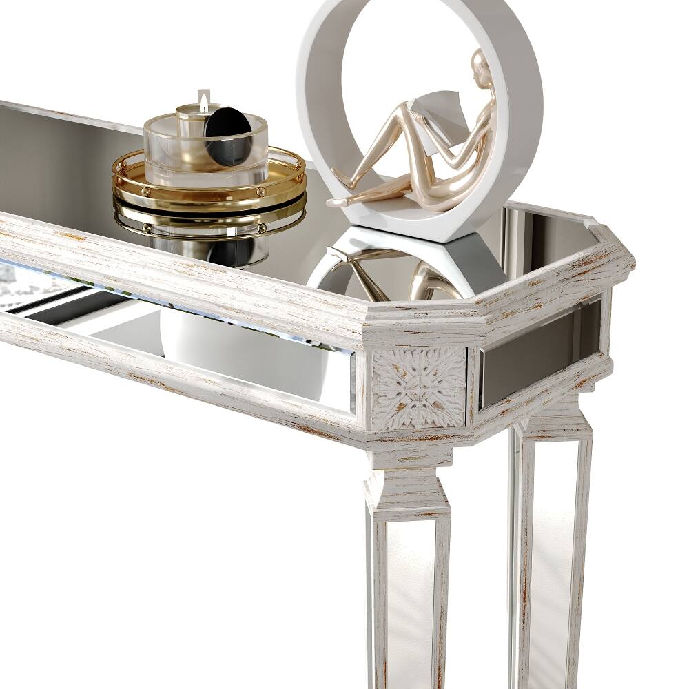 Back. Loheer - Loheer Mirrored Console Table, Vintage Wood Carved Entryway Table, Curved Sofa Table, Oak and Silver - Oak and Silver.
