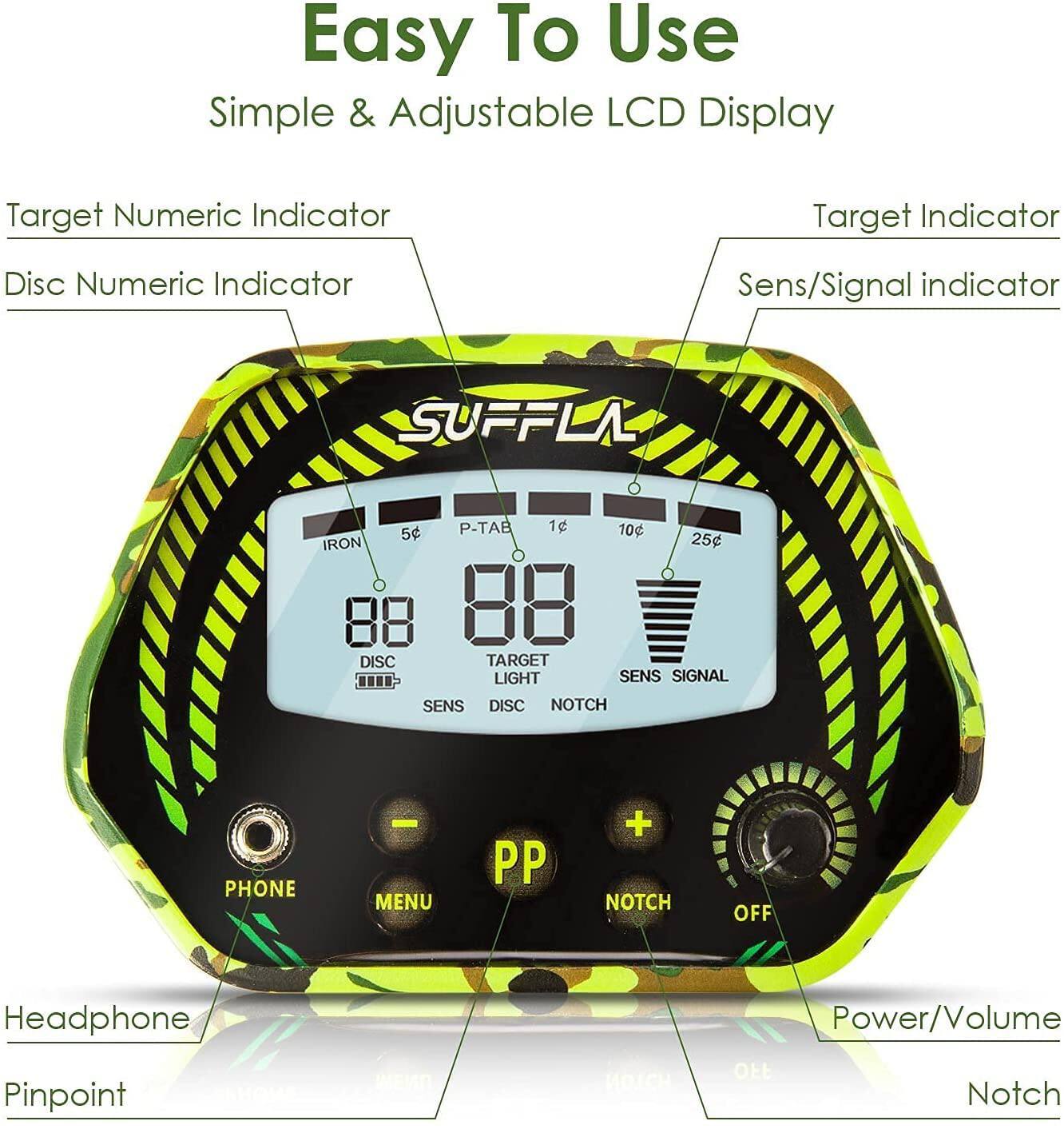 Easy To Use  
Simple & Adjustable LCD Display  

Target Numeric Indicator  
Disc Numeric Indicator  
Target Indicator  
Sens/Signal indicator  

IRON  
5¢  
P-TAB  
1¢  
10¢  
25¢  
88  
DISC  
TARGET  
LIGHT  
SENS  
SIGNAL  
SENS  
DISC  
NOTCH  

PHONE  
MENU  
PP  
NOTCH  
OFF  

Headphone  
Pinpoint  
Power/Volume  
Notch