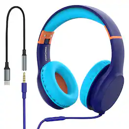 FosPower - Wired Kids Headphones USB C with Microphone, Over Ear Headphones for Kids Volume Limiter, Foldable Kids Headset ,Blue - Blue|Orange