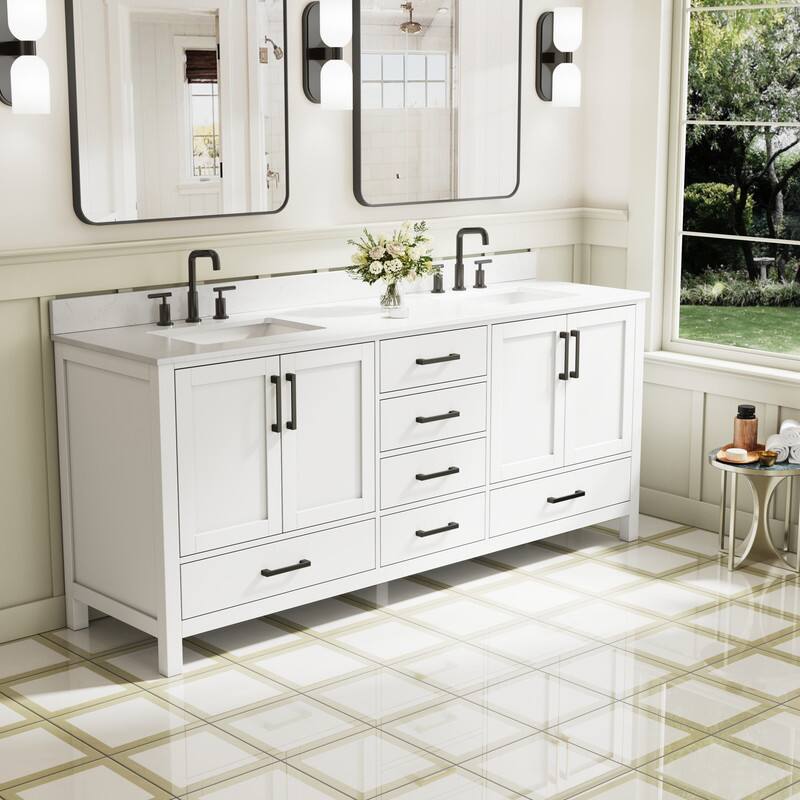 Left. WELLFOR - 80 in Bathroom Vanity with Double Sink,Solid Wood Bathroom Cabinet with 4 Doors& 6 Drawers,Matte Black Handle - White.