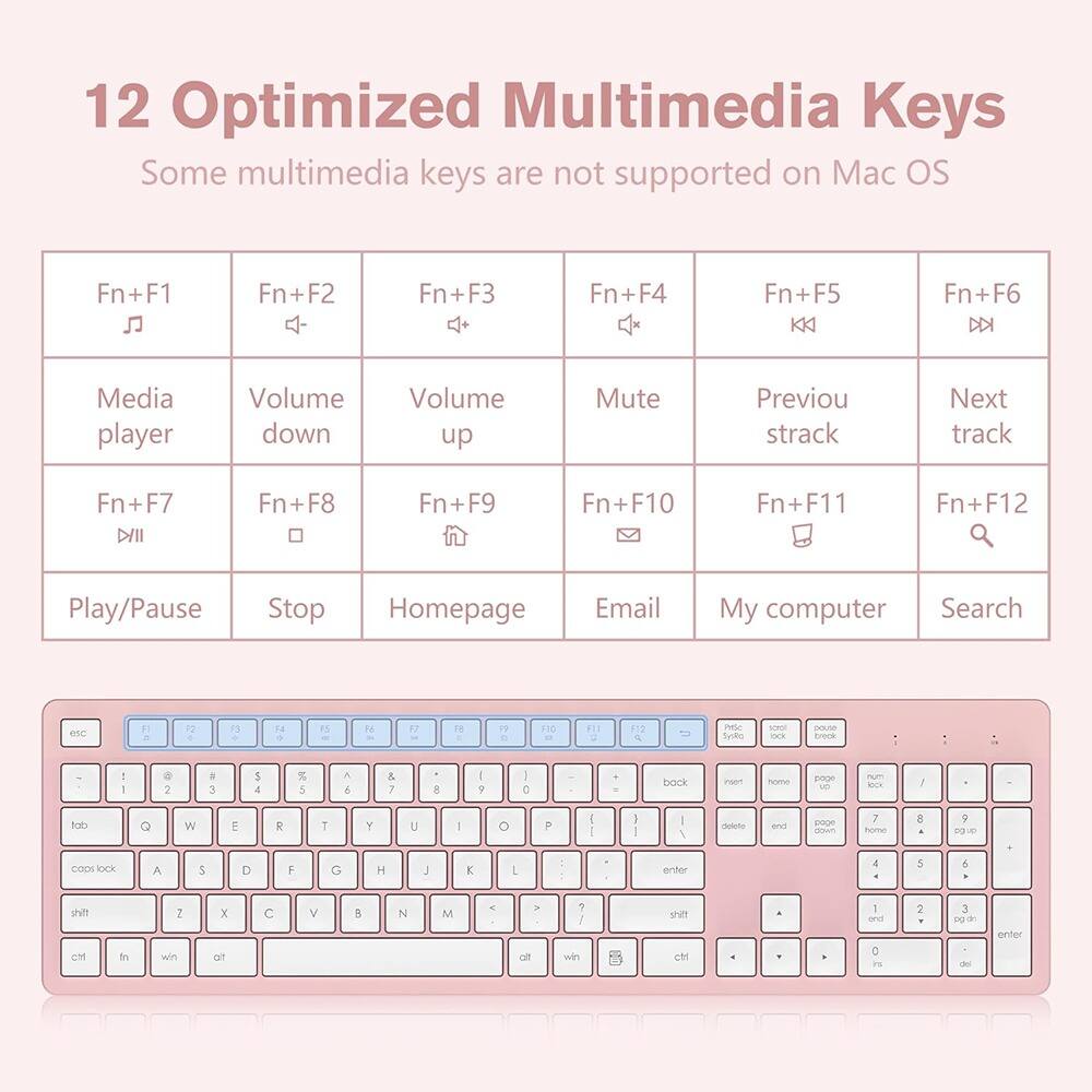 12 Optimized Multimedia Keys  
Some multimedia keys are not supported on Mac OS  

| Fn+F1 | Fn+F2 | Fn+F3 | Fn+F4 | Fn+F5 | Fn+F6 |  
|-------|-------|-------|-------|-------|-------|  
| Media player | Volume down | Volume up | Mute | Previous track | Next track |  

| Fn+F7 | Fn+F8 | Fn+F9 | Fn+F10 | Fn+F11 | Fn+F12 |  
|-------|-------|-------|-------|-------|-------|  
| Play/Pause | Stop | Homepage | Email | My computer | Search |  

esc F1 F2 F3 F4 F5 F6 F7 F8 F9 F10 F11 F12  
` 1 2 3 4 5 6 7 8 9 0 - = delete  
tab Q W E R T Y U I O P [ ] \  
caps lock A S D F G H J K L ; ' return  
shift Z X C V B N M , . / shift  
ctrl fn win alt spacebar alt