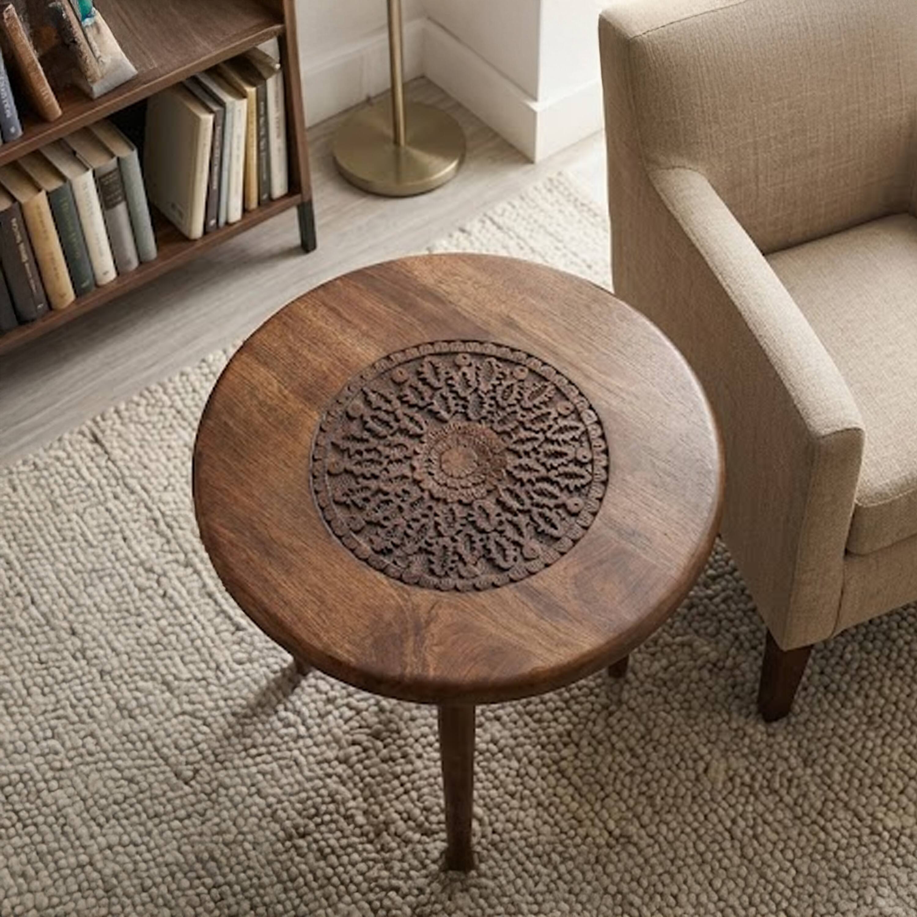 Alt View 9. Manhattan Lane - Ama 22 Inch Side End Table, Round Top, Indian Mandala Floral Carving, 3 Legs, Brown Mango Wood - Brown.