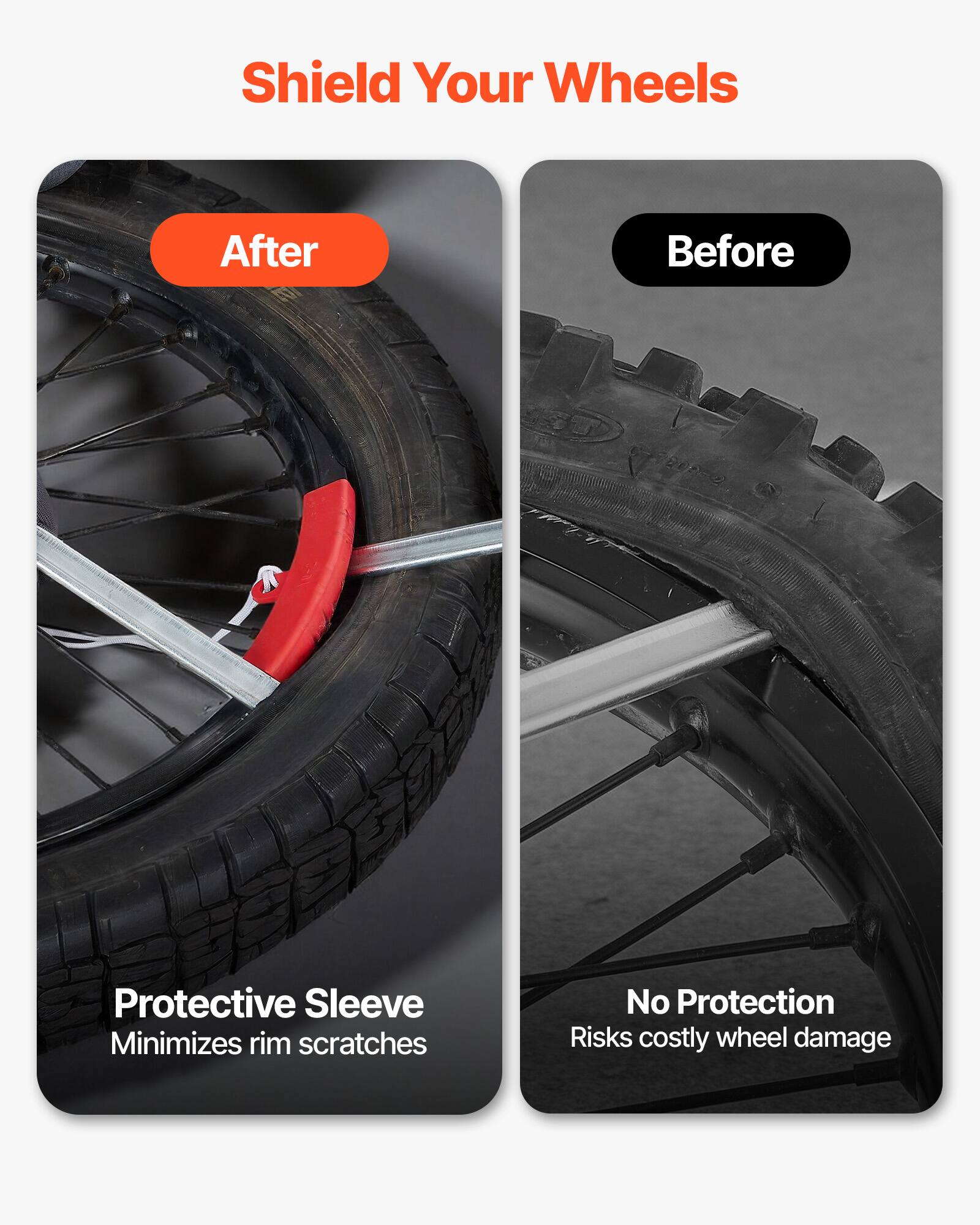 Shield Your Wheels

After
Protective Sleeve
Minimizes rim scratches

Before
No Protection
Risks costly wheel damage