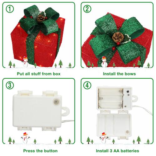 1. Put all stuff from box
2. Install the bows
3. Press the button
4. Install 3 AA batteries