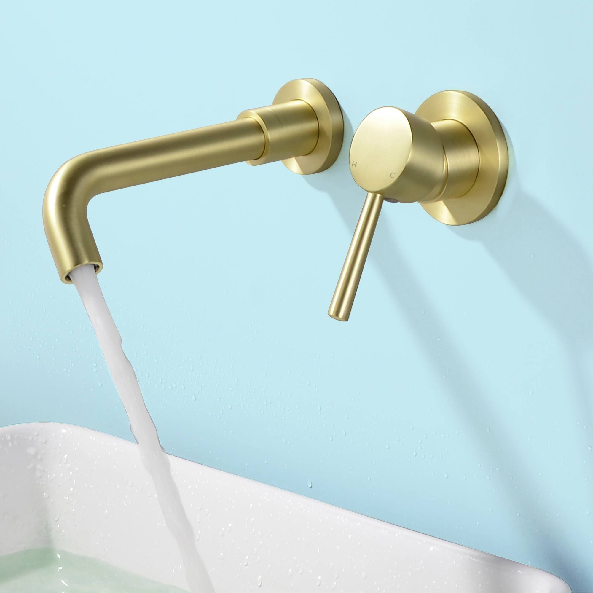 Alt View 3. Boyel Living - Brushed Gold Wall Mount Basin Faucet Single Handle 360° Swivel Spout - Brushed Gold.