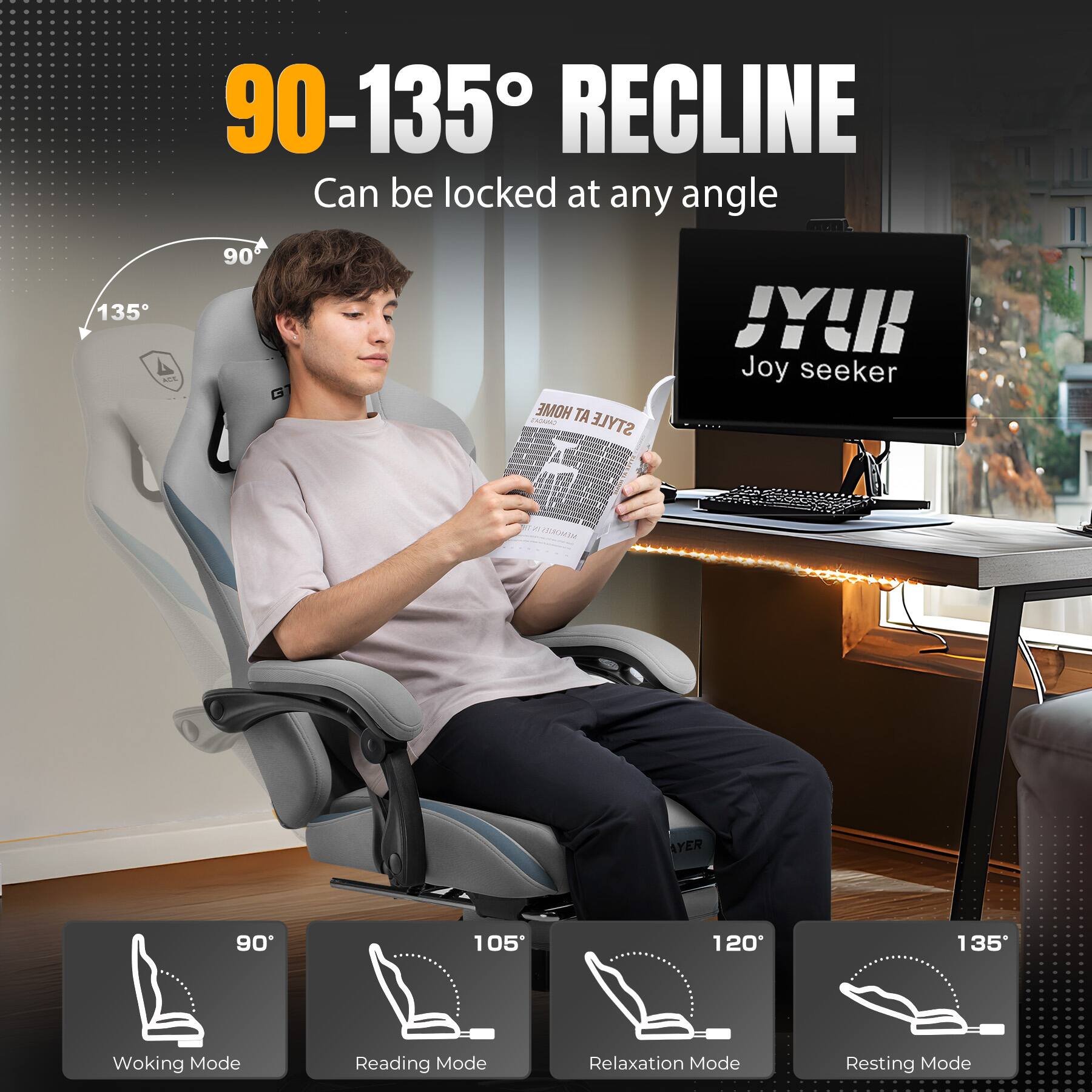 The text on the image reads: "90-135 RECLINE Can be locked at any angle 135 90 G7 HOME STYLE JY! Joy seeker NEN AYER 90 105 120 135 Working Mode Reading Mode Relaxation Mode Resting Mode."