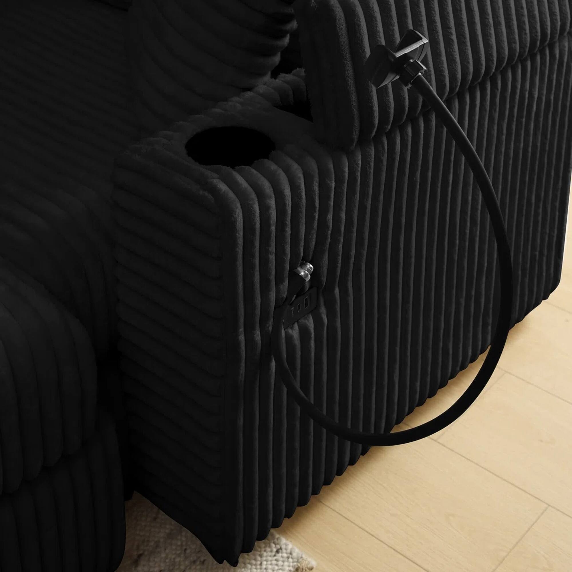 Angle. Yardgrace - 4-Seat L-Shaped Corduroy Sectional Sofa with USB Charging Ports, Phone Holders & Storage Armrests - Black.