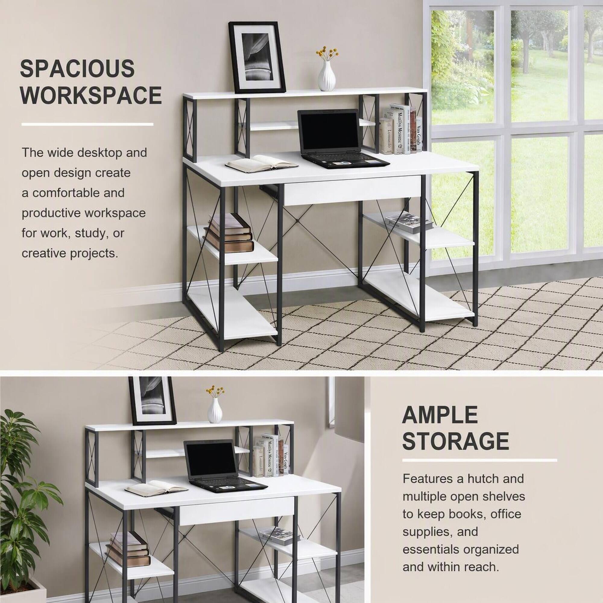 RYHNUYNE White, Black Office Desk, 47.5 in Wide Metal Sled Base, Open ...