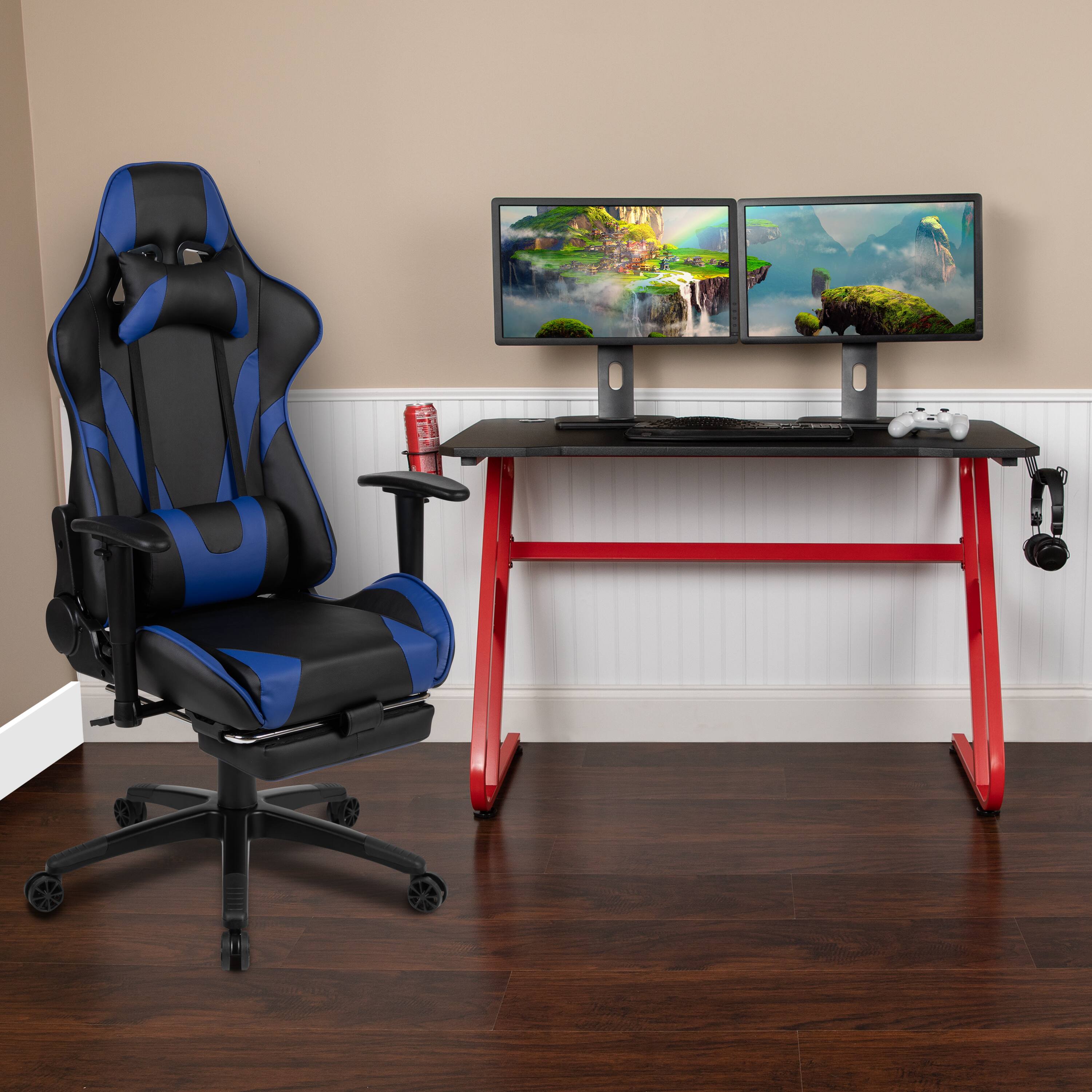 Alt View 1. Emma + Oliver - Desk Bundle-Gaming Desk, Cup Holder, Headphone Hook and Reclining Chair - Blue.