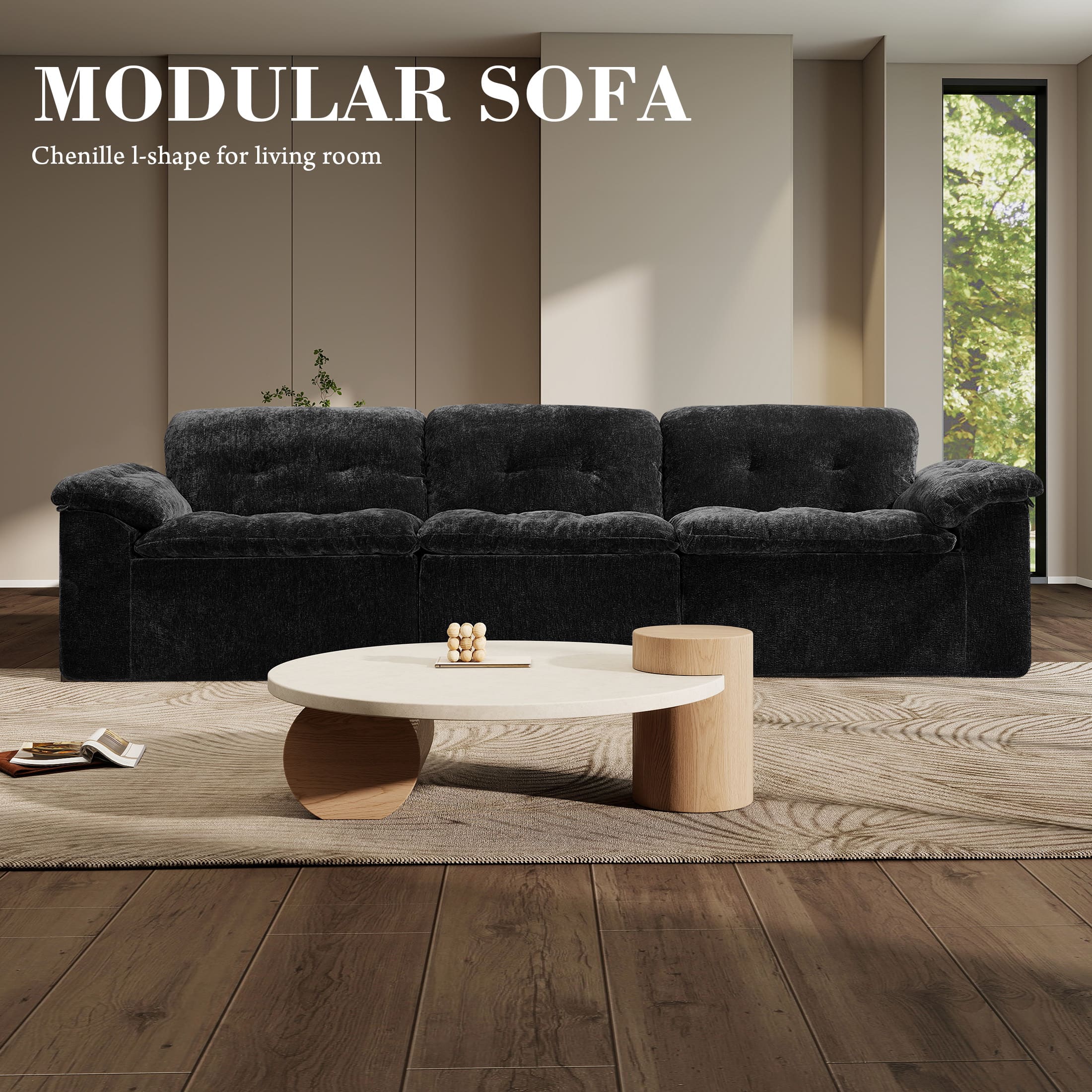 Anysun - 3-Seater Luxurious Modern Cloud Chenille Modular Sectional Sofa with Detachable Backrest - Black